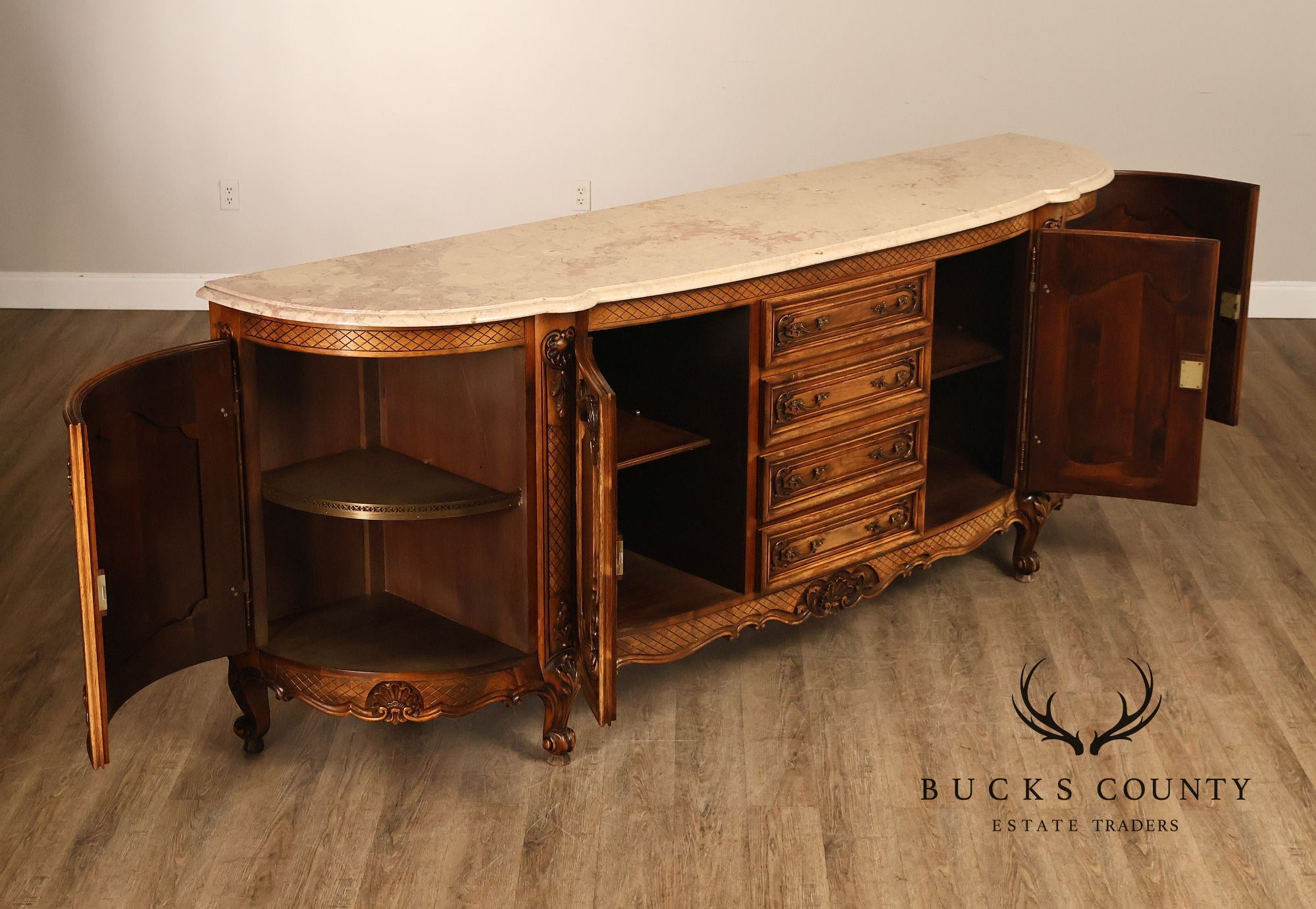 French Louis XV Style 106" Long Marble Top Walnut Sideboard