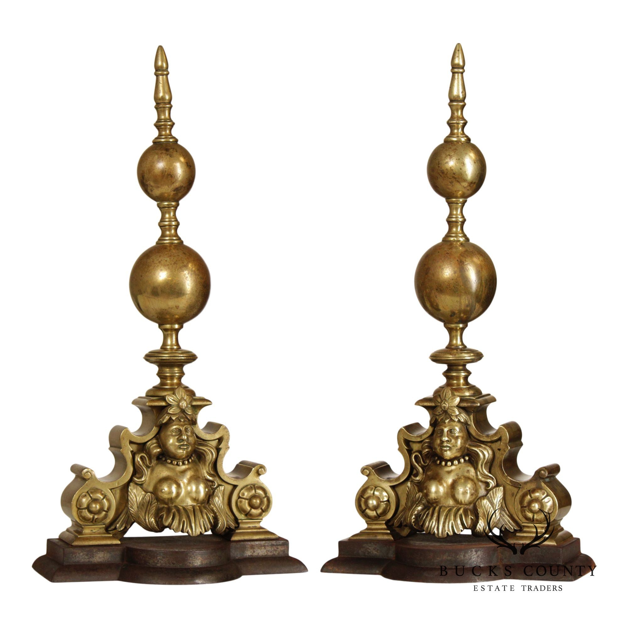 French Louis XIV Style Pair of Brass Figural 'Marmouset' Andirons