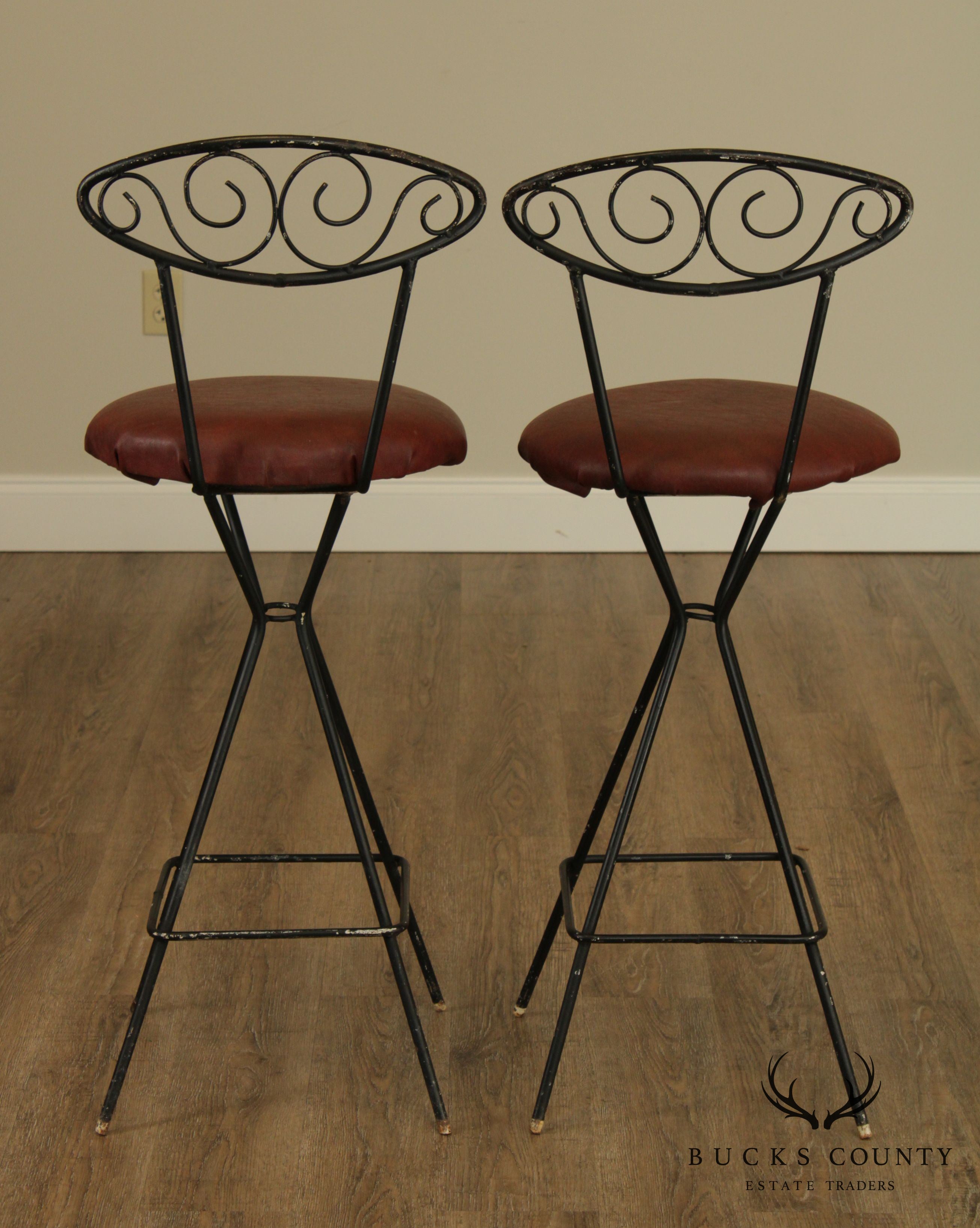 Mid Century Modern Pair Wrought Iron Barstools