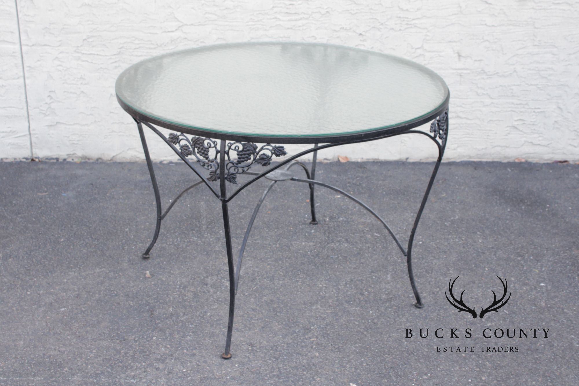 Vintage Round Glass Top Wrought Iron Outdoor Patio Dining Table