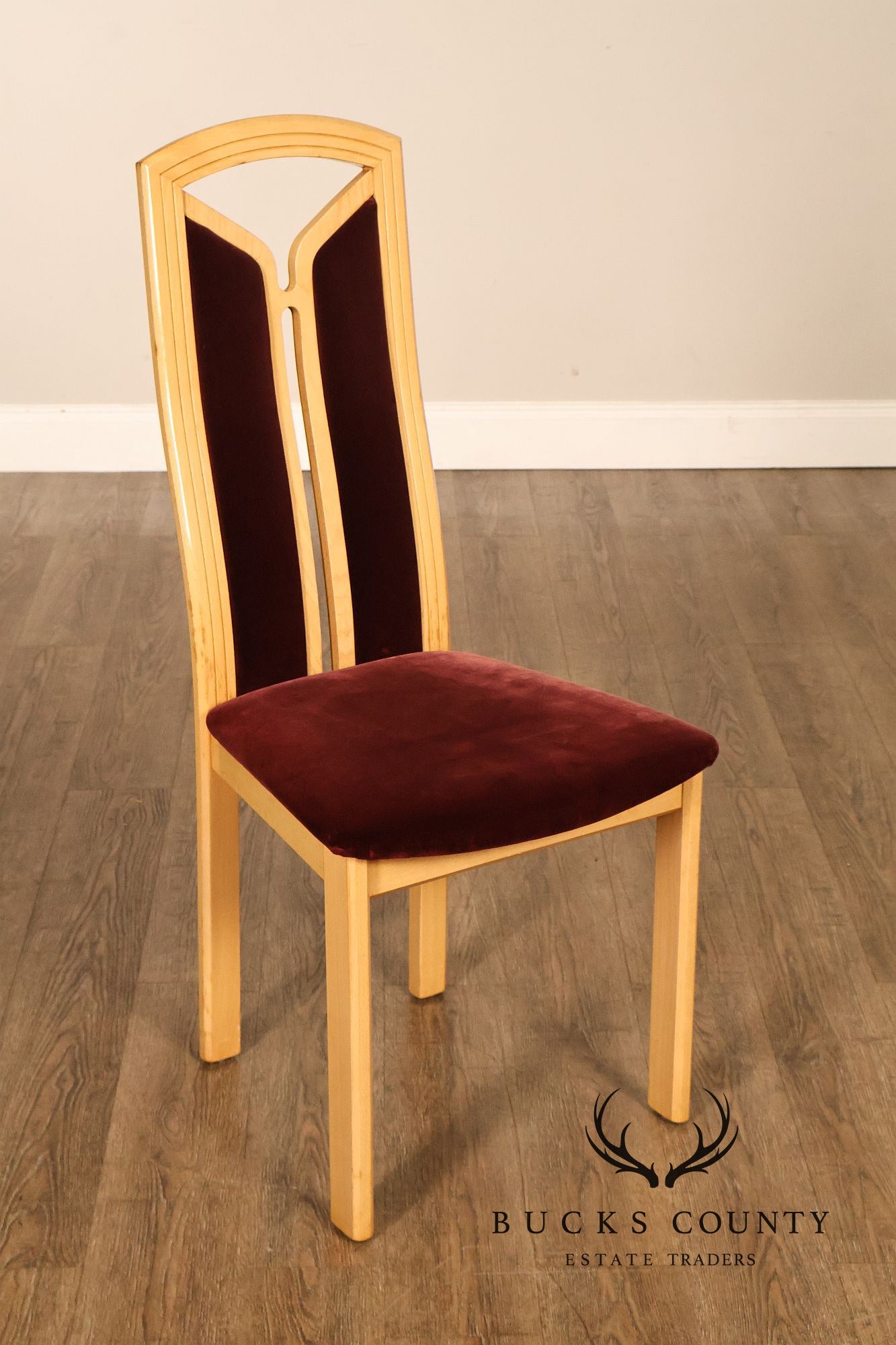 Tonon Set Of Eight Italian Light Wood Modern Dining Chairs With Burgundy Upholstery
