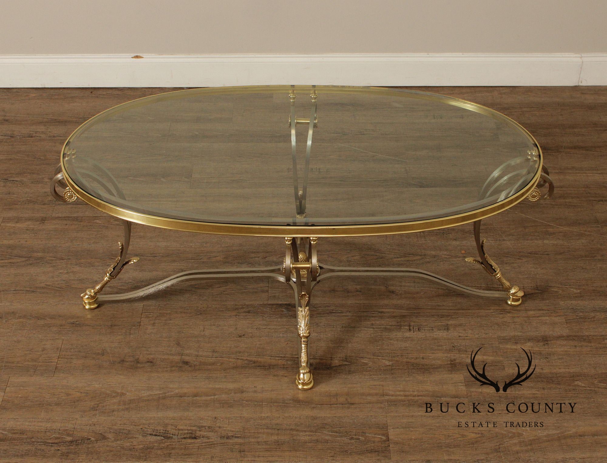 Neoclassical Style Oval Glass Top Coffee Table