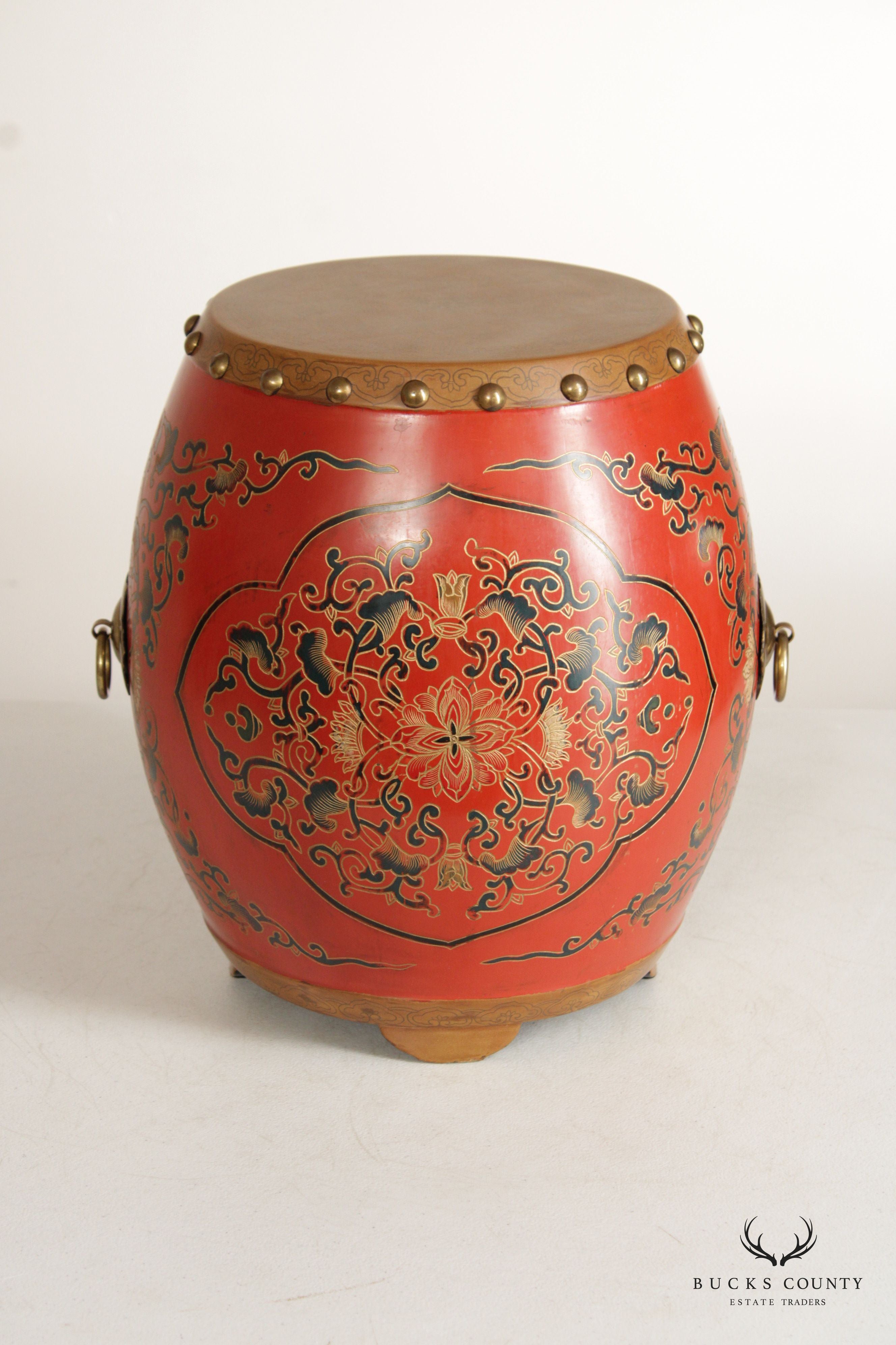 Asian Inspired Style Pair of Hand Painted Wooden Drum Stools