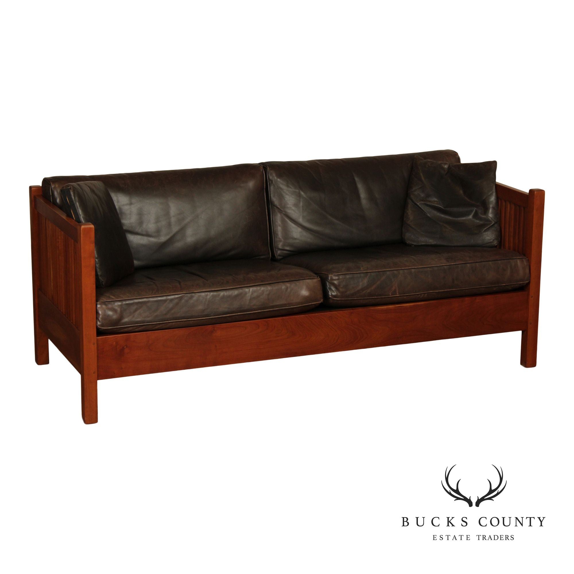 Stickley Mission Collection Cherry and Leather Spindle Settle