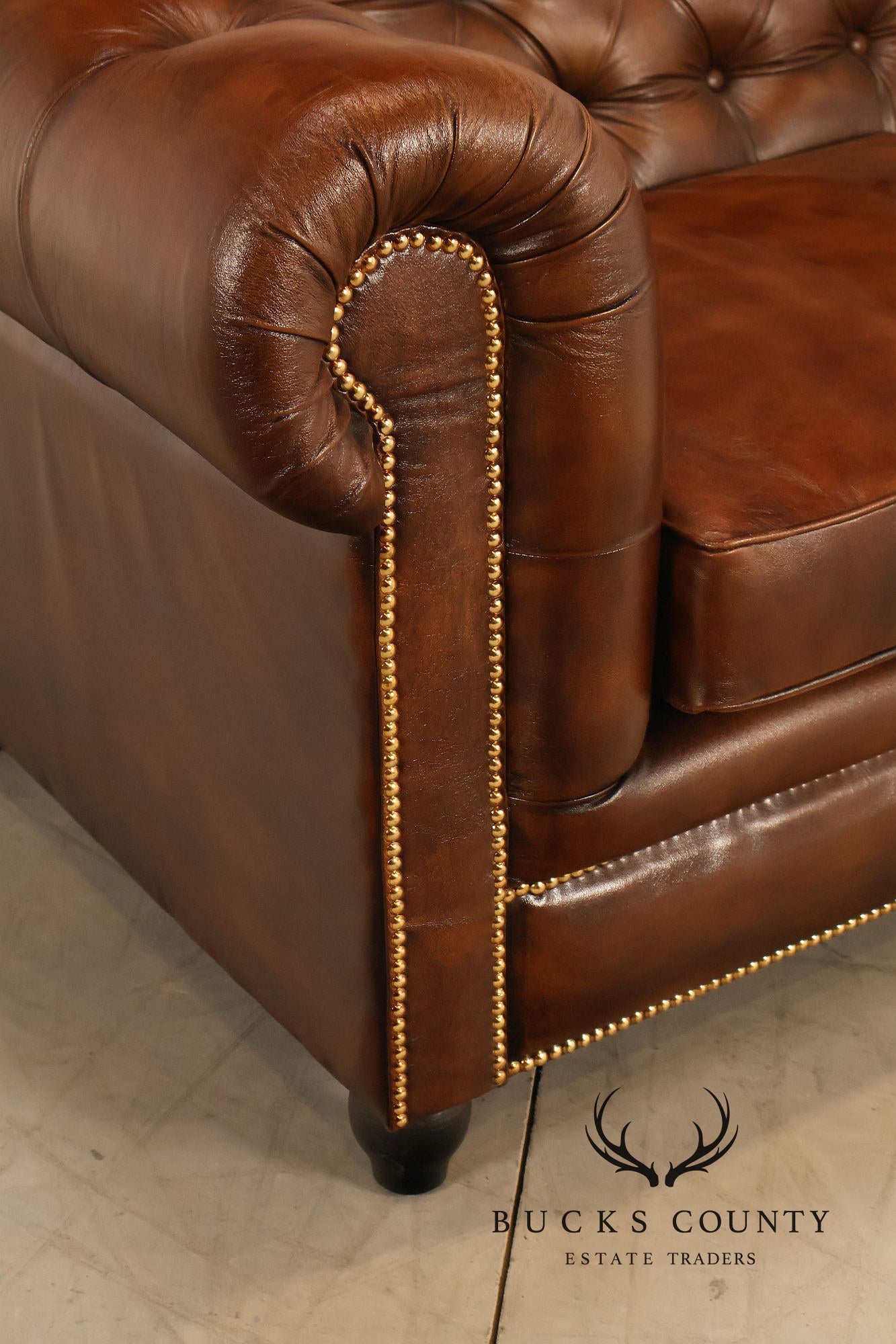 Chesterfield Style 6 Foot Cognac Brown Tufted Leather Sofa