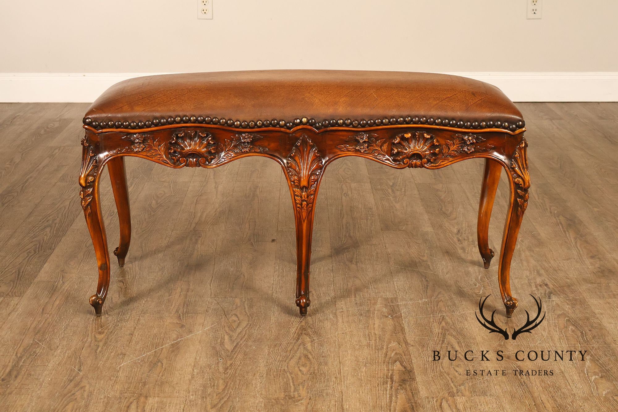 Rococo Style Leather Upholstered Carved Mahogany Window Bench