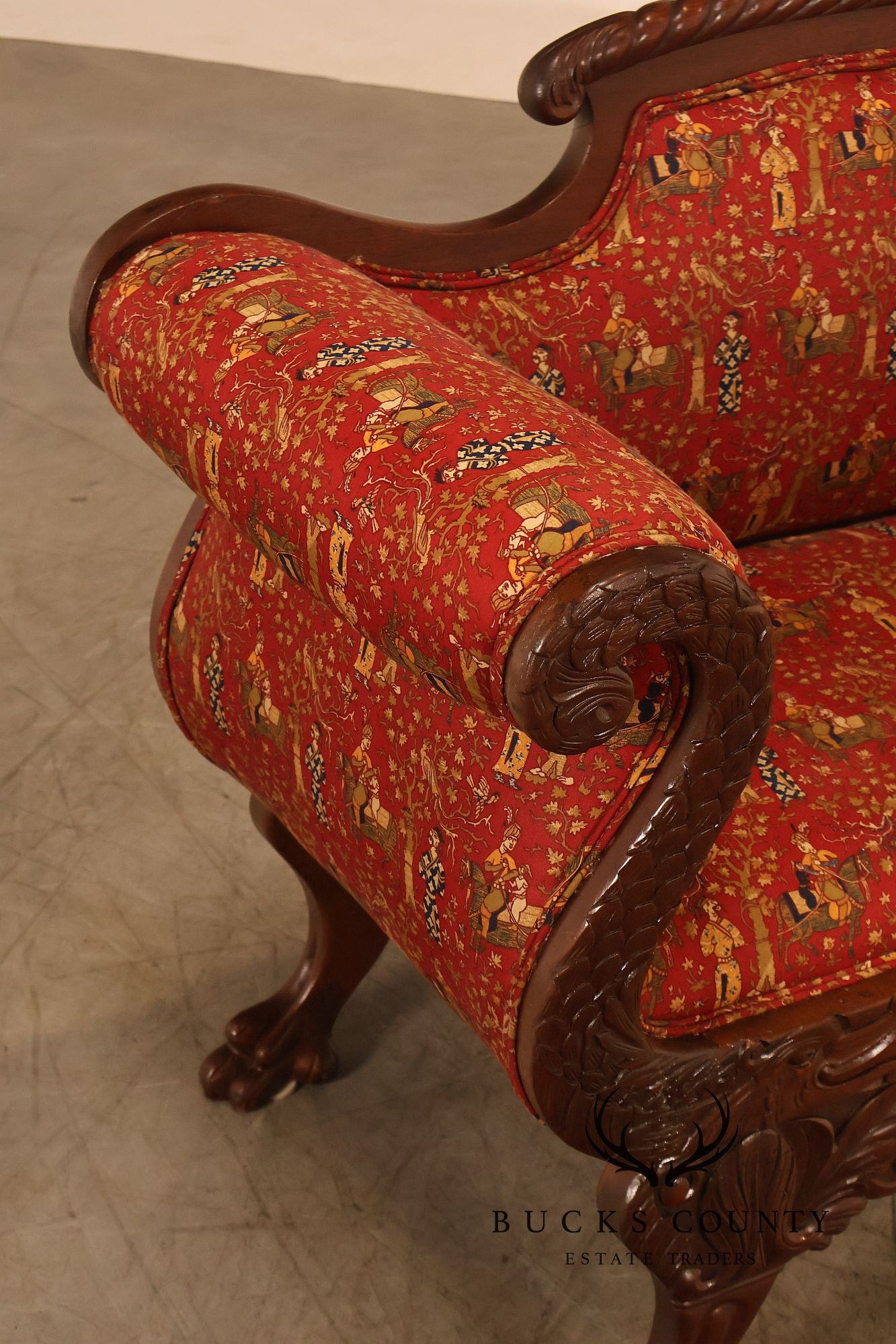 Antique American Empire Carved Mahogany Sofa With Scrolled Arms And Lion Paw Feet