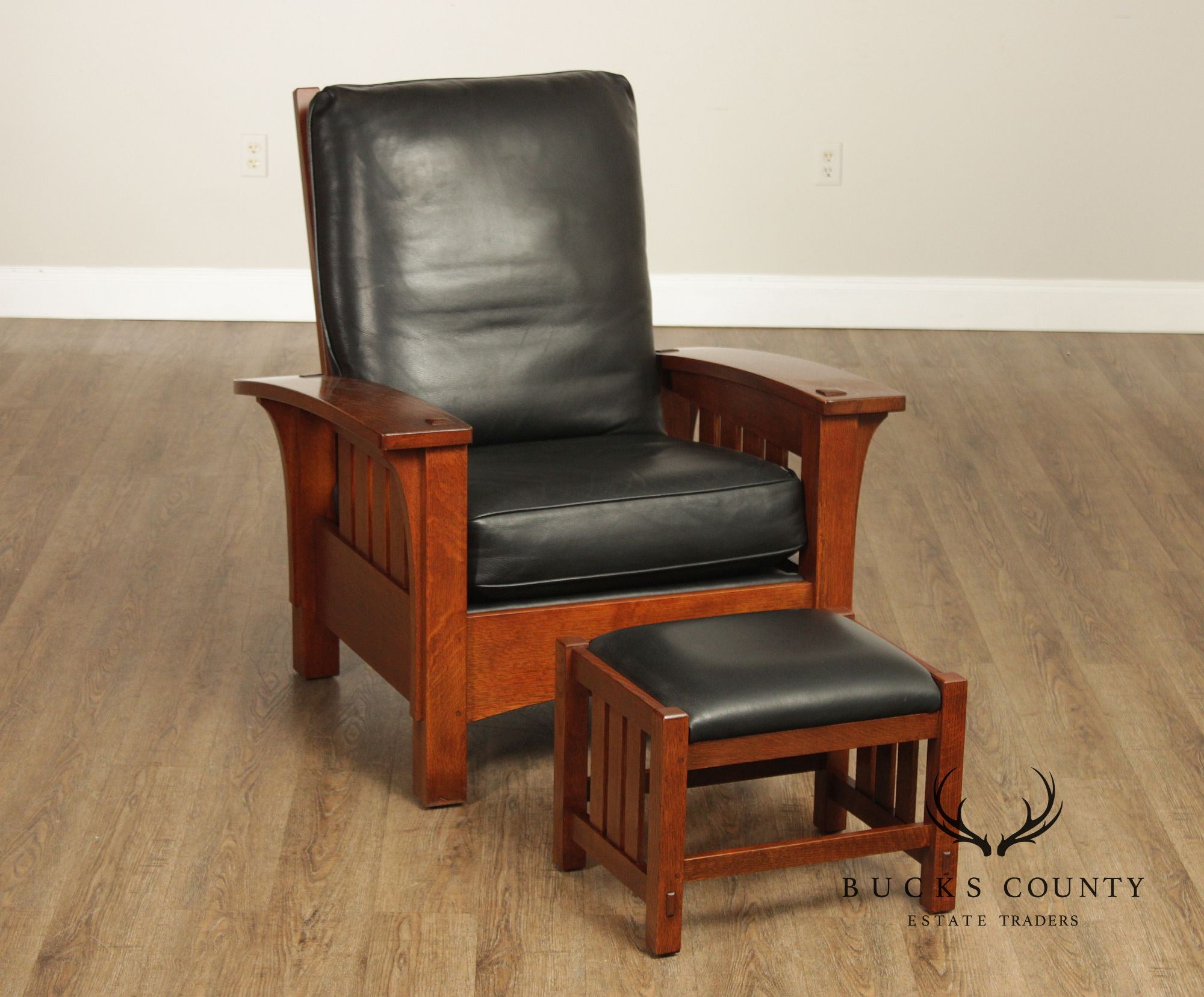 Stickley Mission Collection Oak Bow Arm Morris Chair and Ottoman