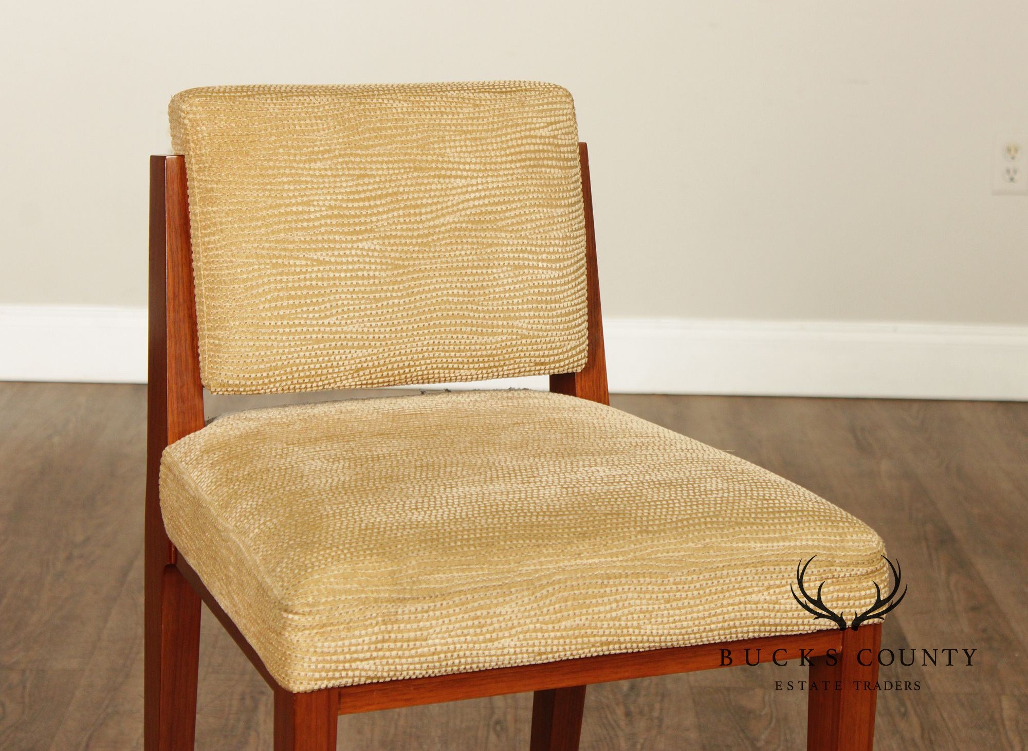 Mid Century Modern Style Set of Four Walnut Upholstered Counter Stools