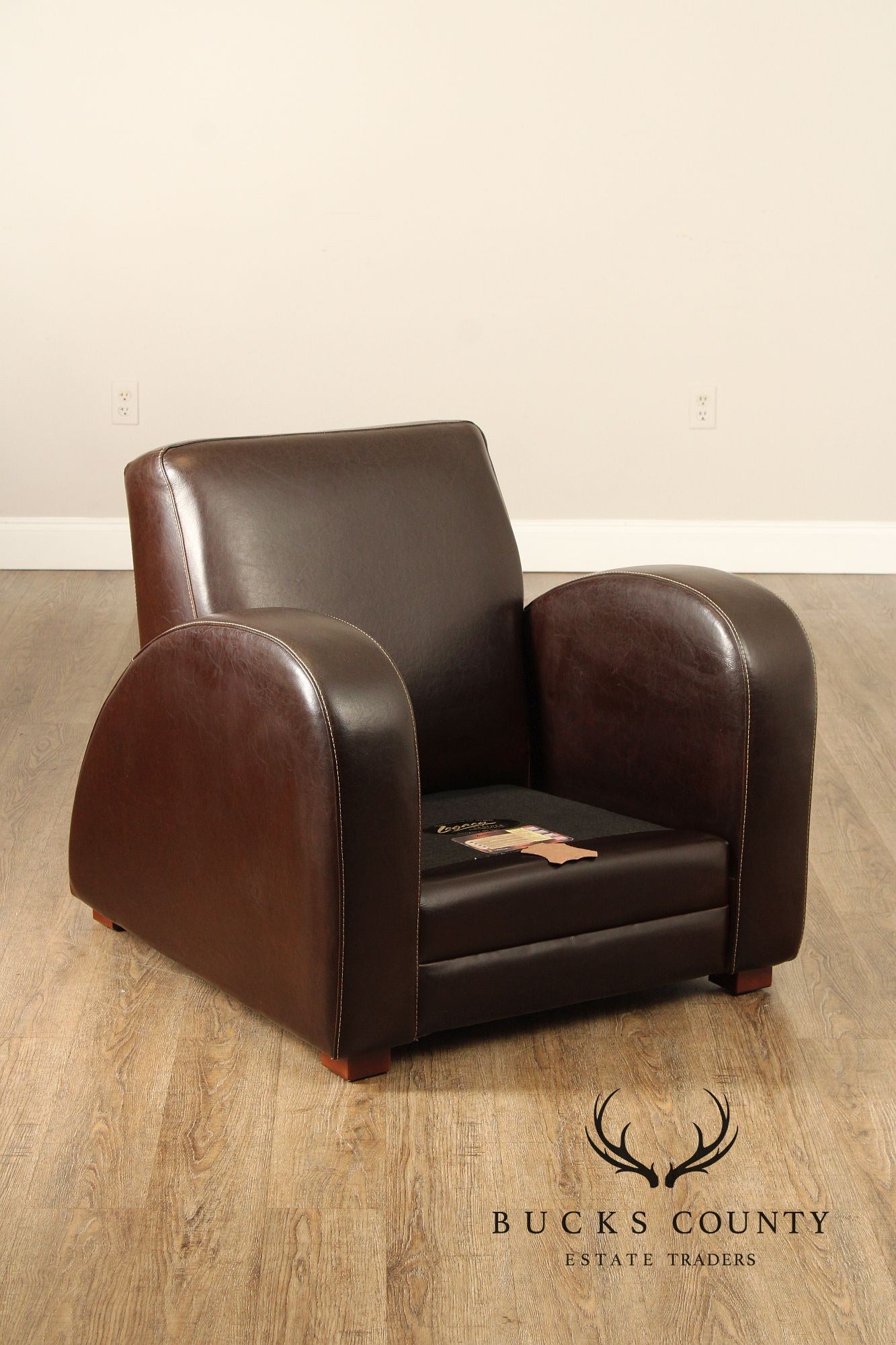 Legacy Art Deco Style Pair of Leather Lounge Chairs with Ottomans