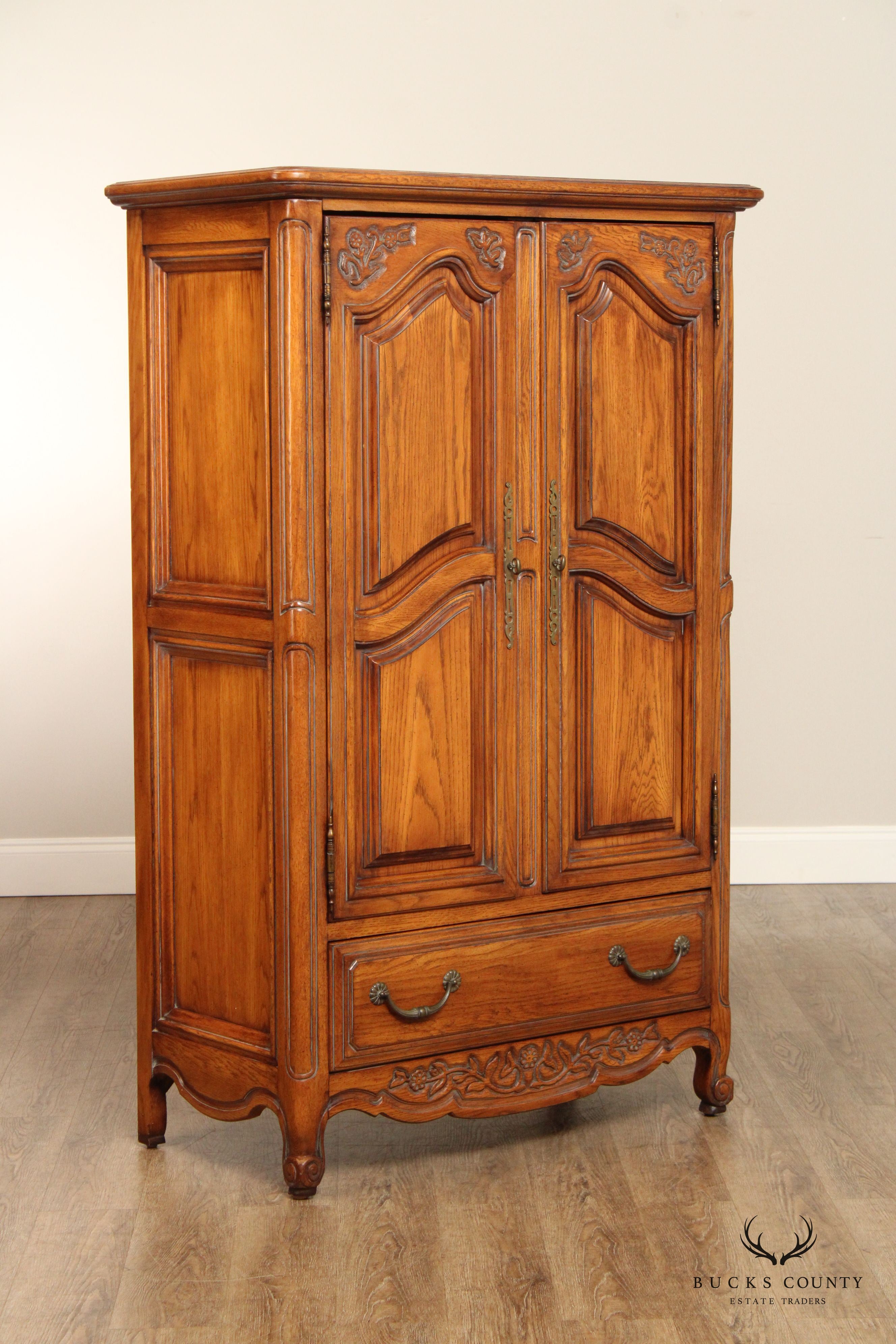 FRENCH COUNTRY STYLE CARVED OAK TWO DOOR ARMOIRE