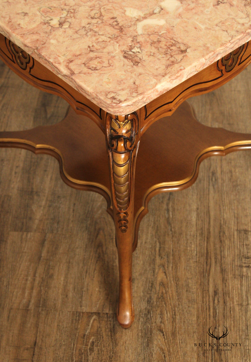 FRENCH LOUIS XV STYLE VINTAGE PAIR MARBLE TOP END TABLES