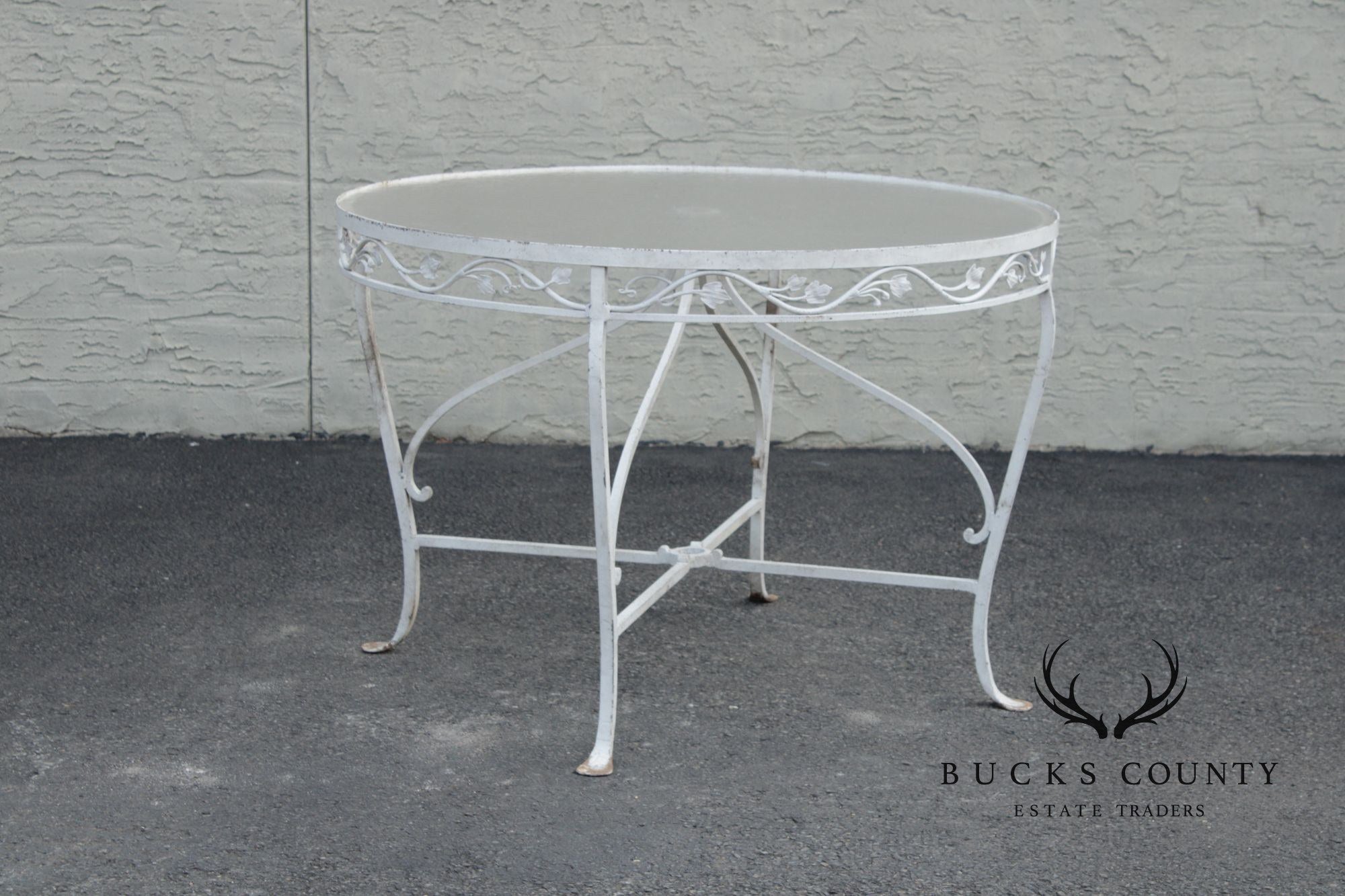Vintage Round Glass Top Wrought Iron Outdoor Patio Dining Table