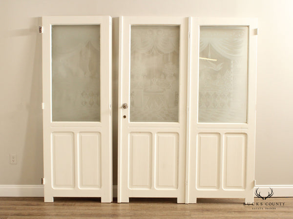Antique French Set of Three Interior Etched Glass Doors