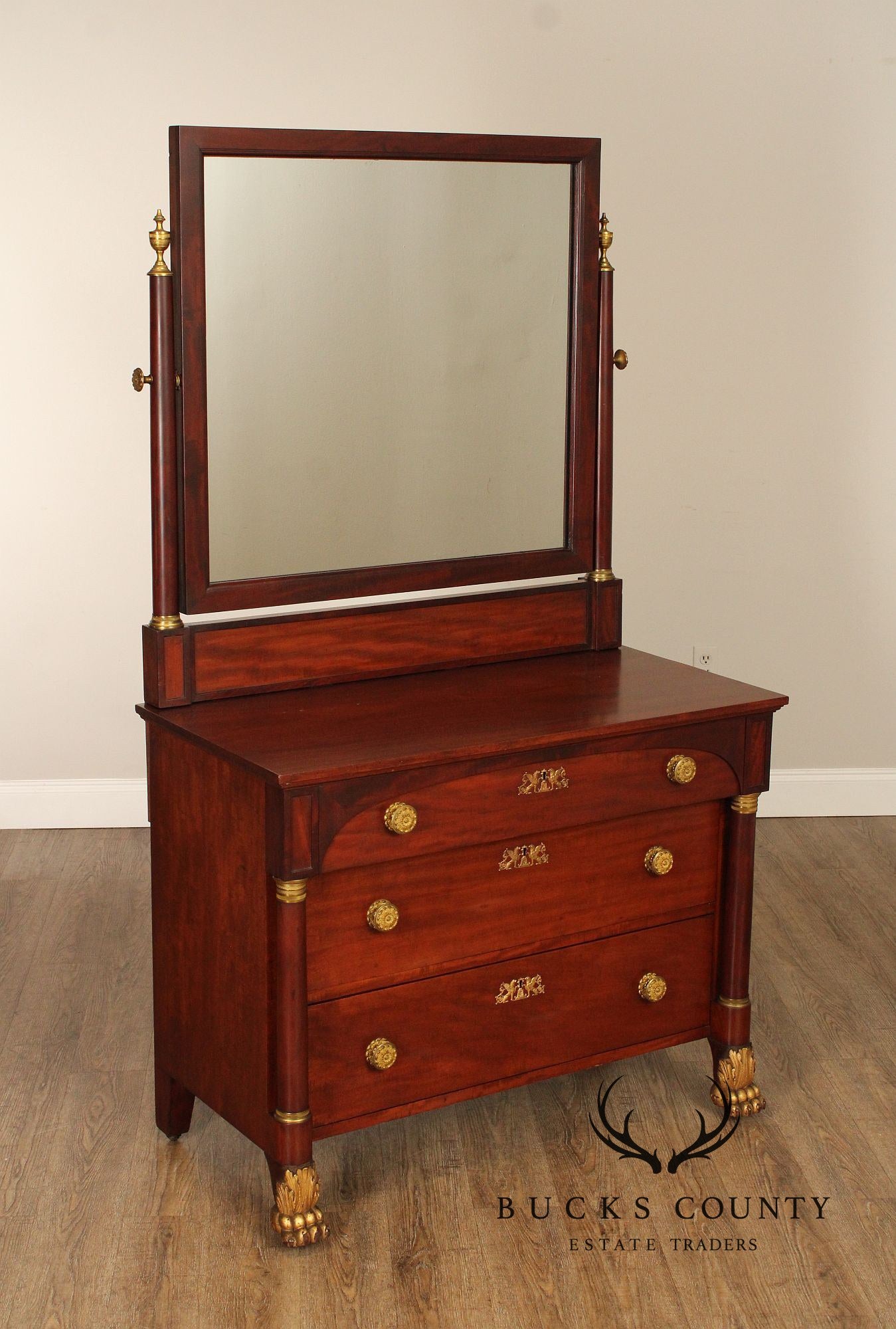 American Empire Style Antique Mahogany Chest of Drawers with Mirror