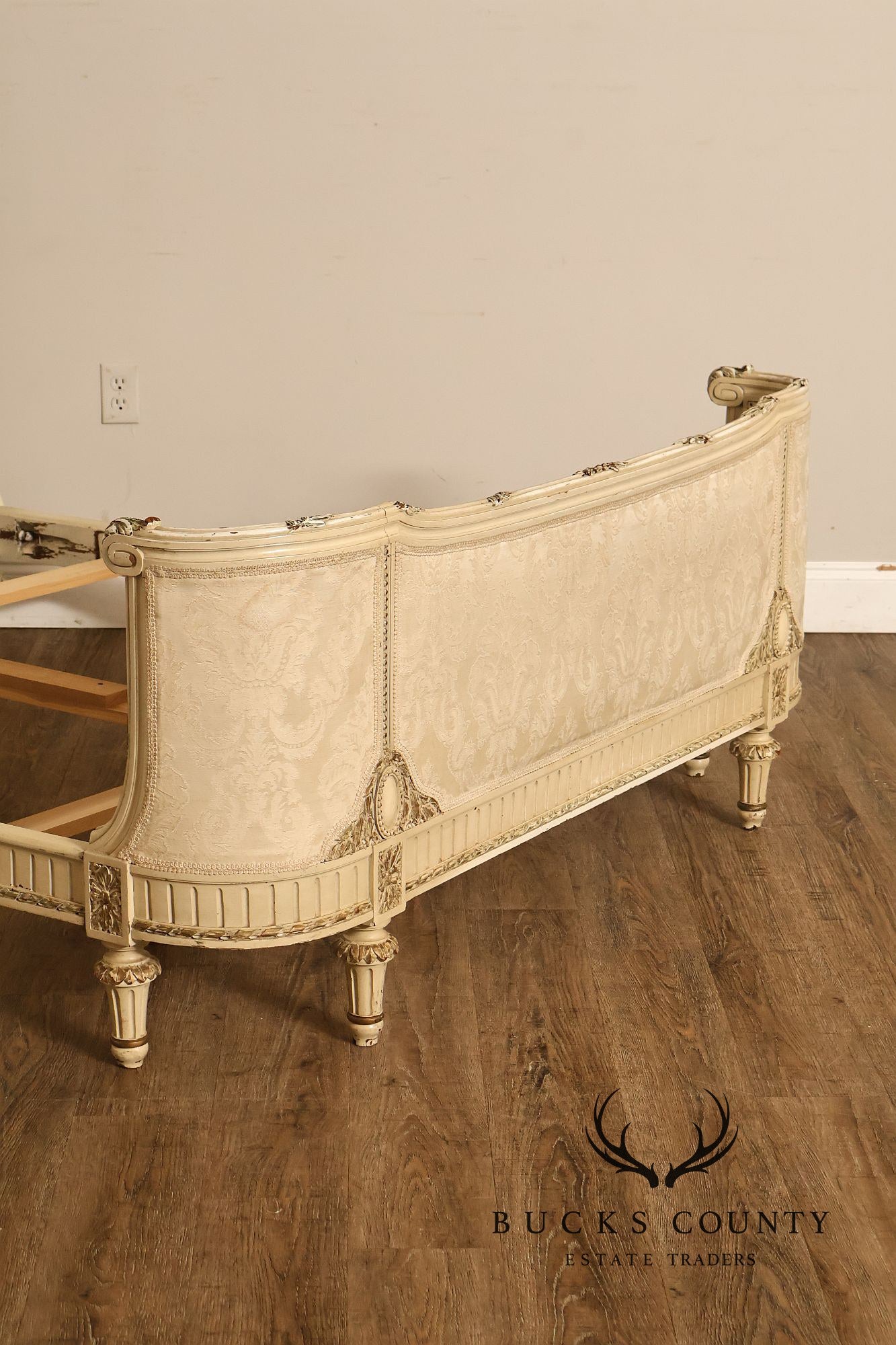 Antique French Louis XVI Style Painted & Upholstered Full Size Bed Frame