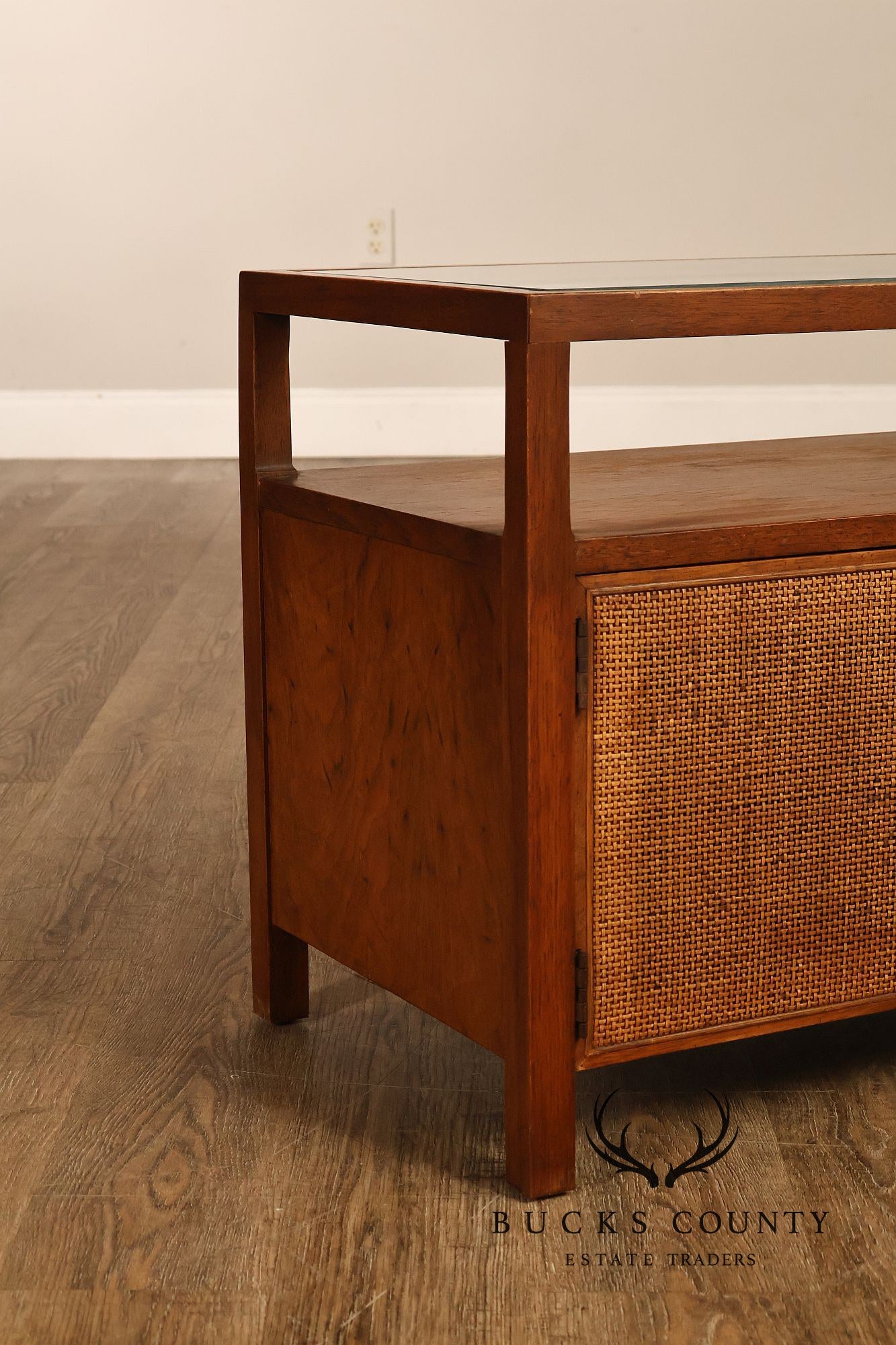 Mid-Century Modern Glass Top Walnut and Cane Side Cabinet