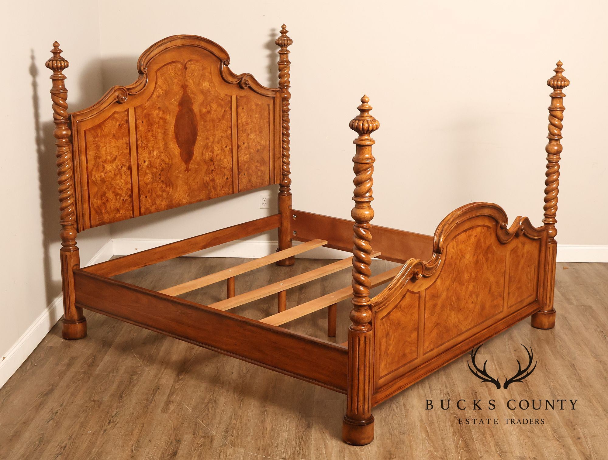 Drexel Heritage Venetian Collection Bookmatched Burl Wood King Four Poster Bed