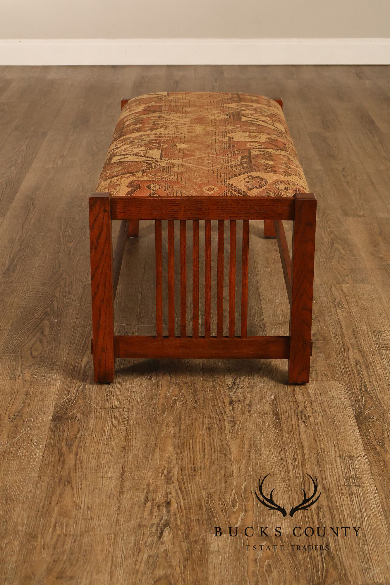Stickley Mission Collection Oak Spindle Bench With Upholstered Seat