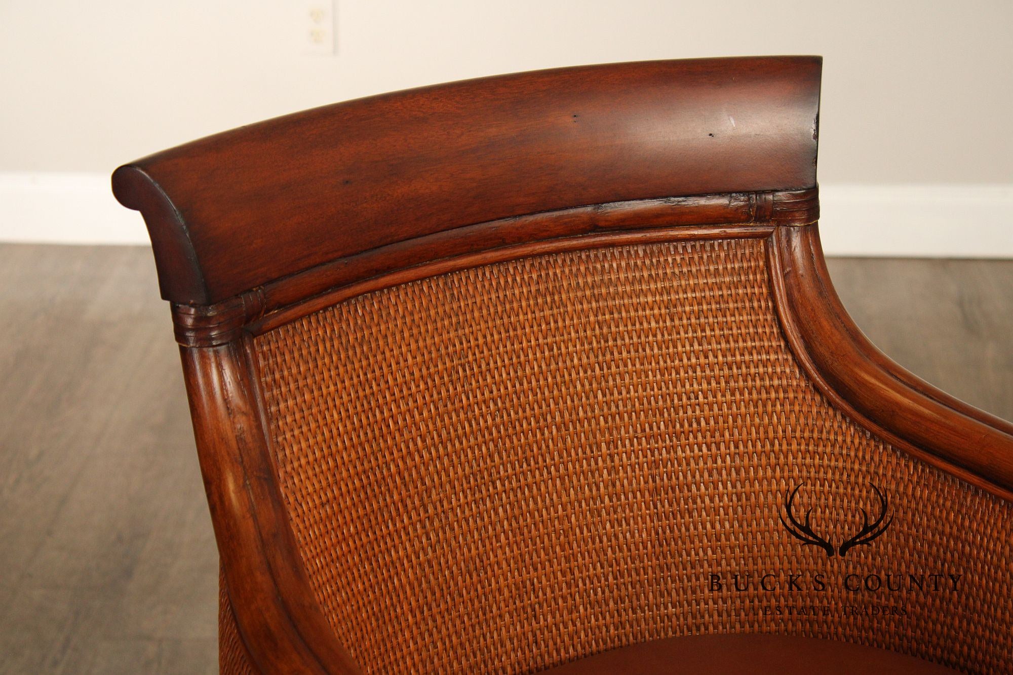 Pair Of Ethan Allen Leather And Rattan Bar Stools