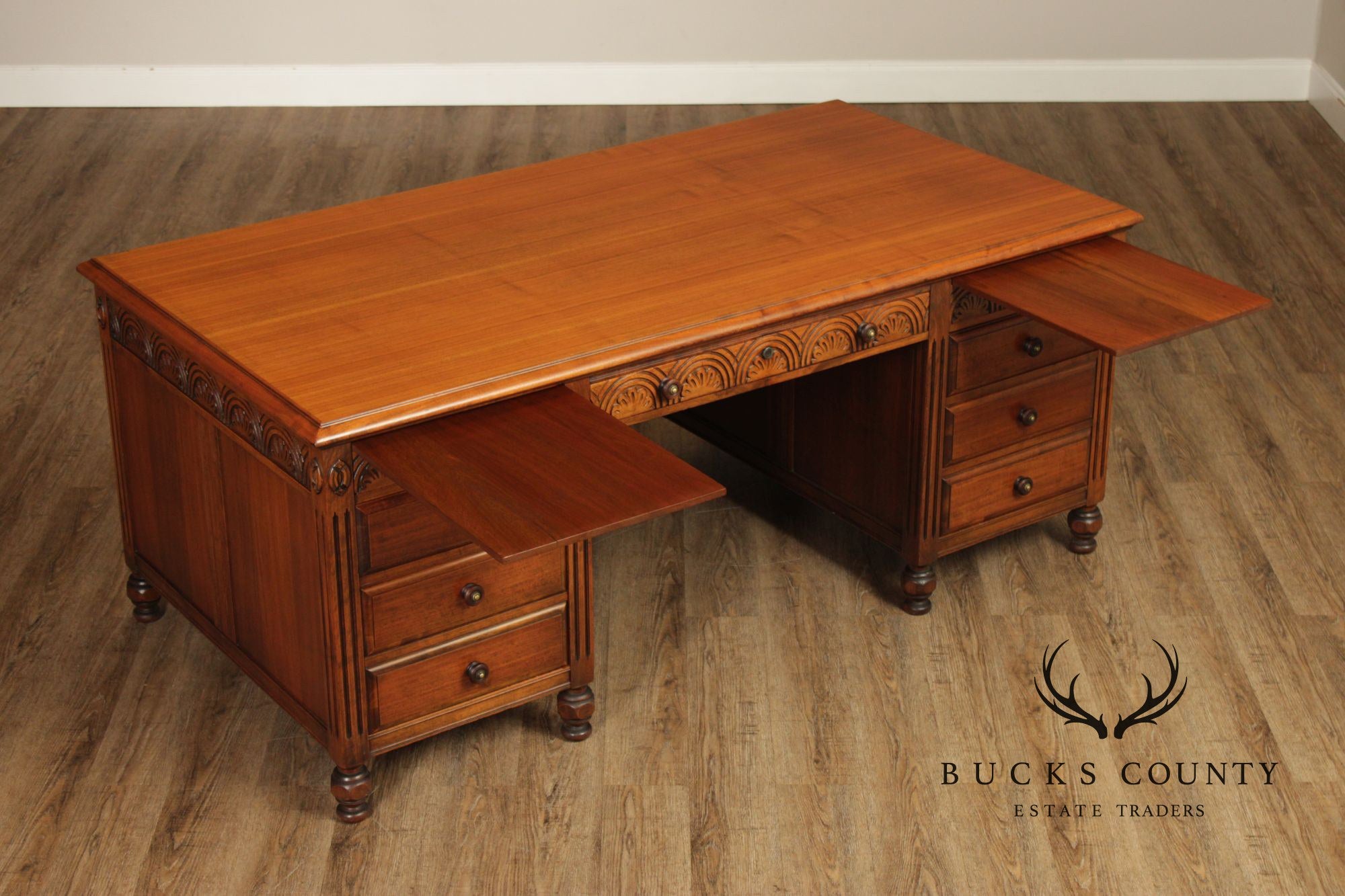 1930 Walnut Carved Pedestal Executive Desk with Pull-Out Writing Slides
