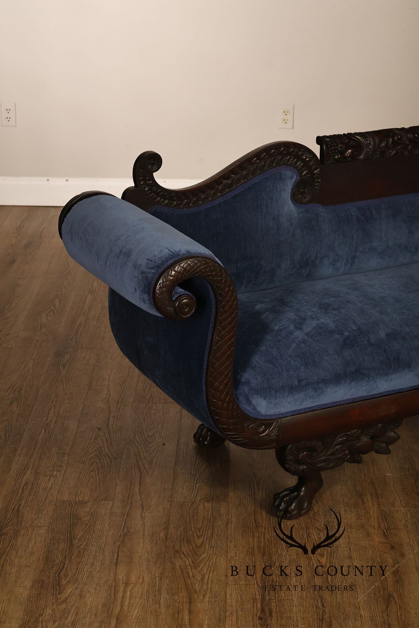 Antique American Empire Mahogany Carved Swan Arm Sofa With Blue  Upholstery