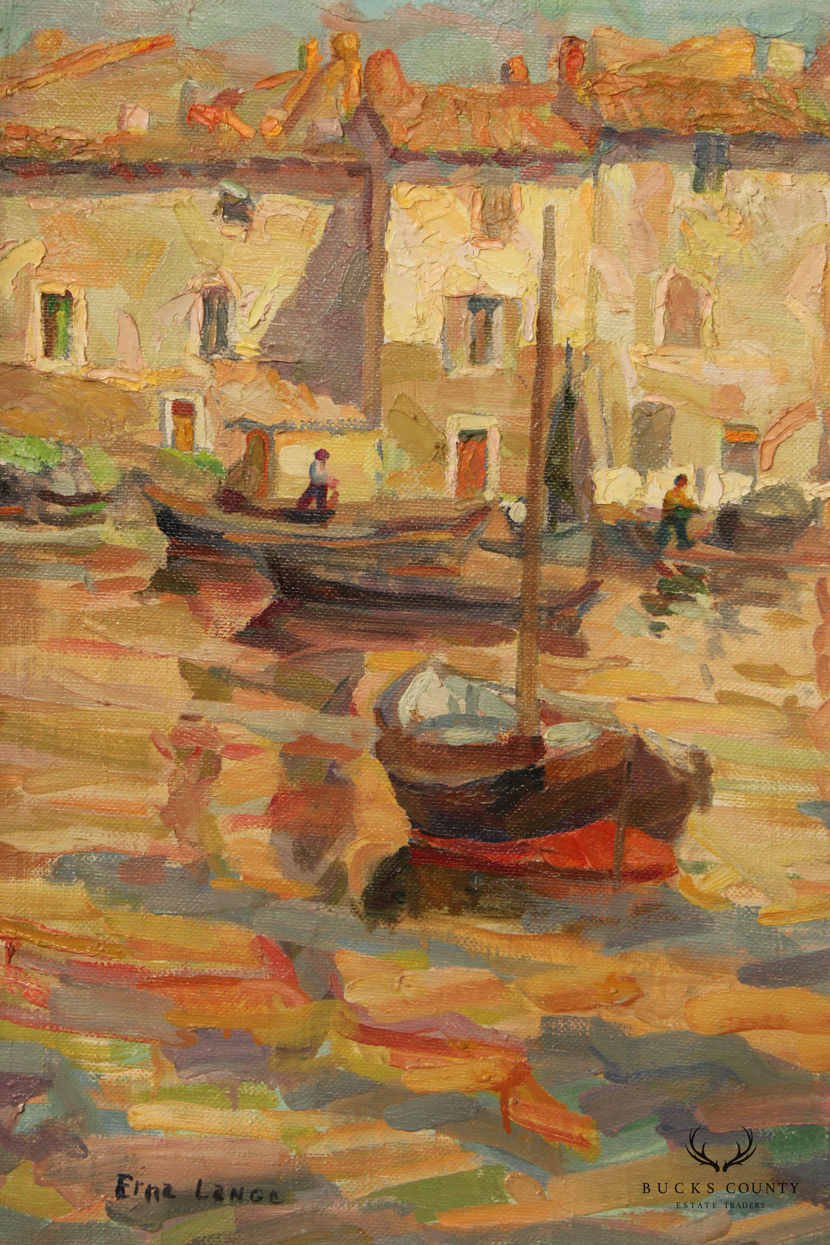 Erna Lange Signed Waterfront Sunrise Oil Painting 'Fishing in Southern France'