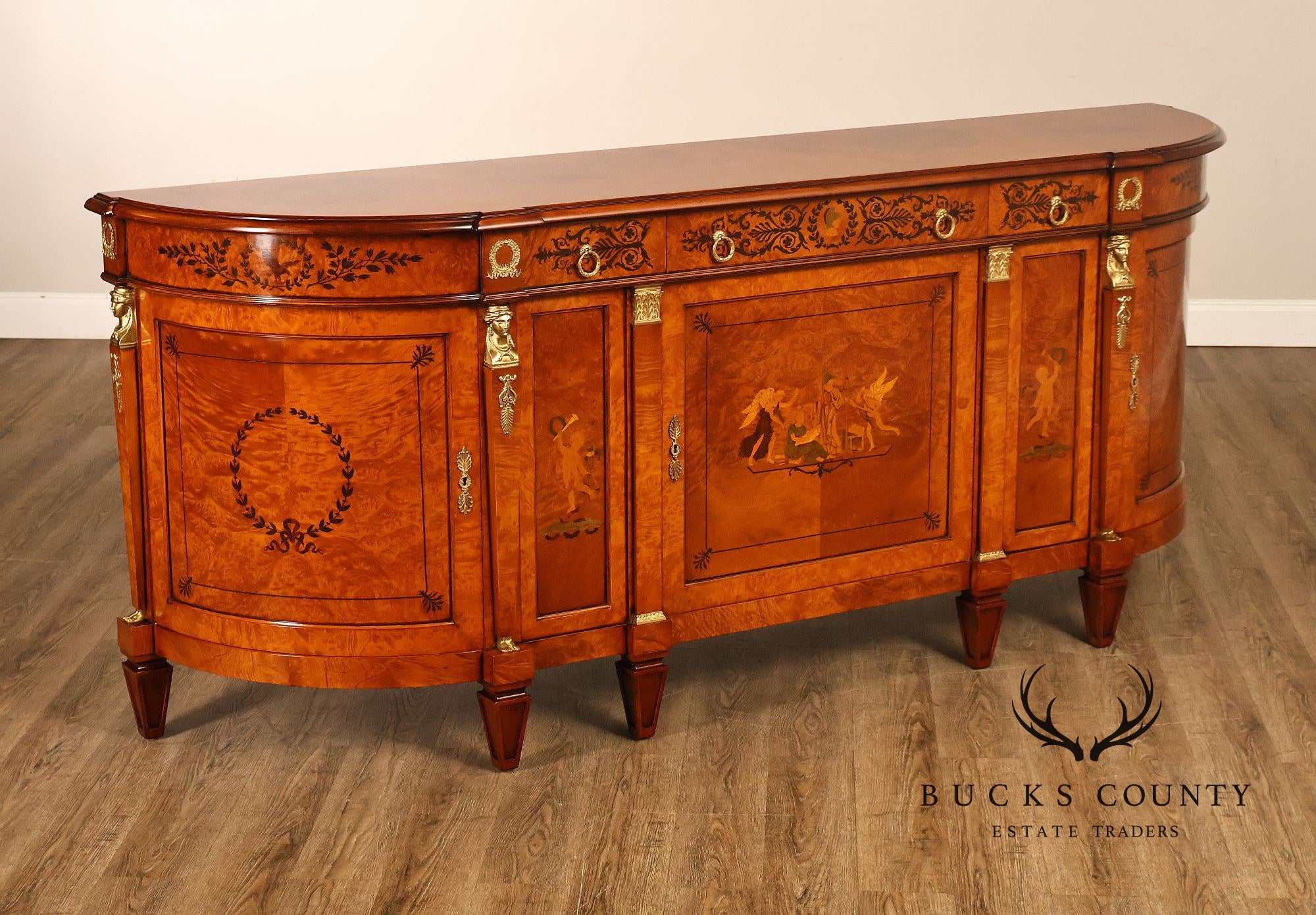 Rho Mobili D'Epoca Neoclassical Burl Wood Marquetry Inlaid Sideboard