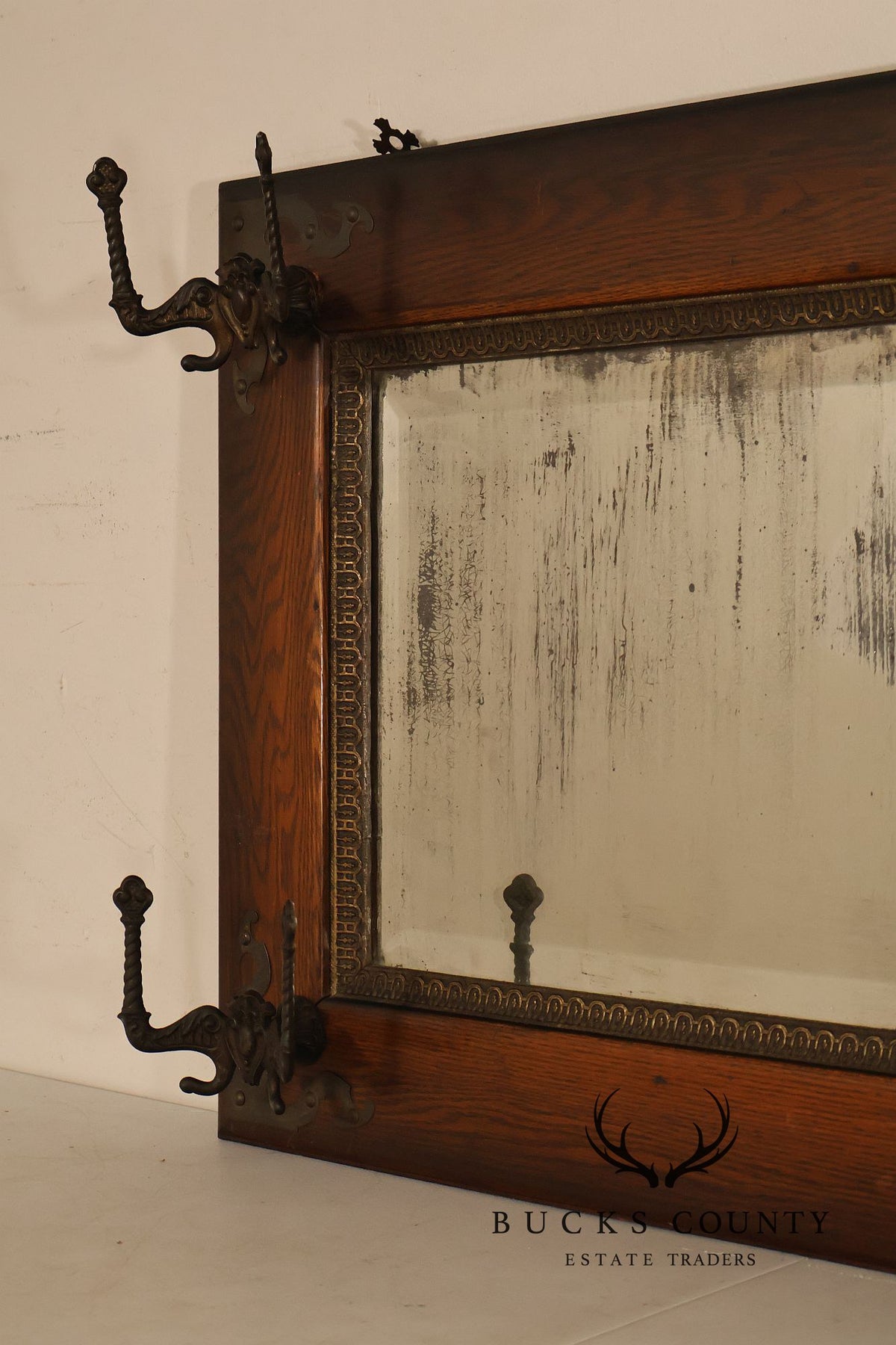 Antique Victorian Oak Wall Mirror With Cast Iron Coat Hooks