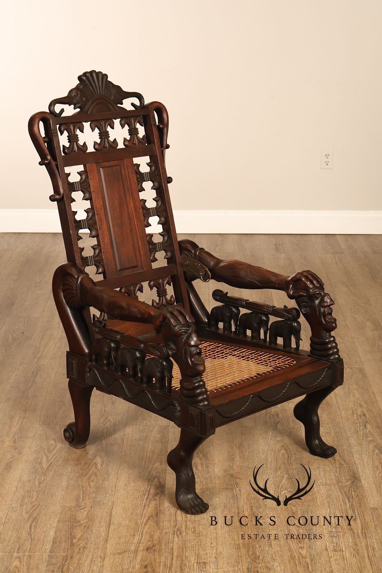 Exceptional 19th Century Anglo-Indian / Burmese Colonial Figural Carved Hardwood Throne Armchair