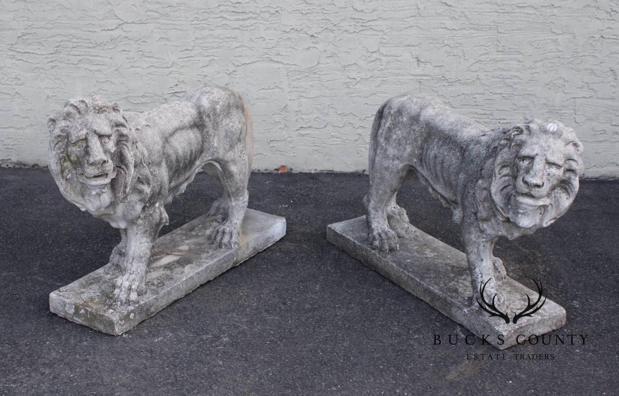 Vintage Pair Of Cast Stone Standing Lion Garden Statues