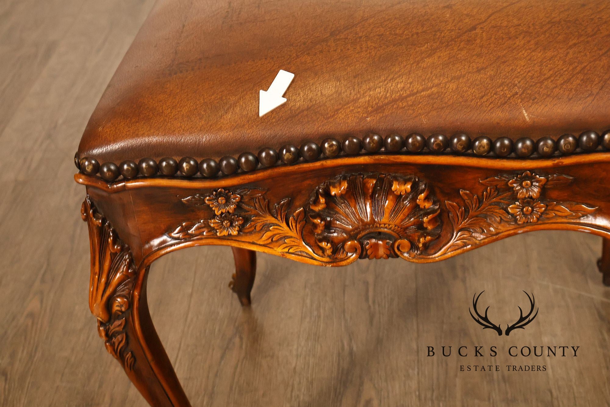 Rococo Style Leather Upholstered Carved Mahogany Window Bench