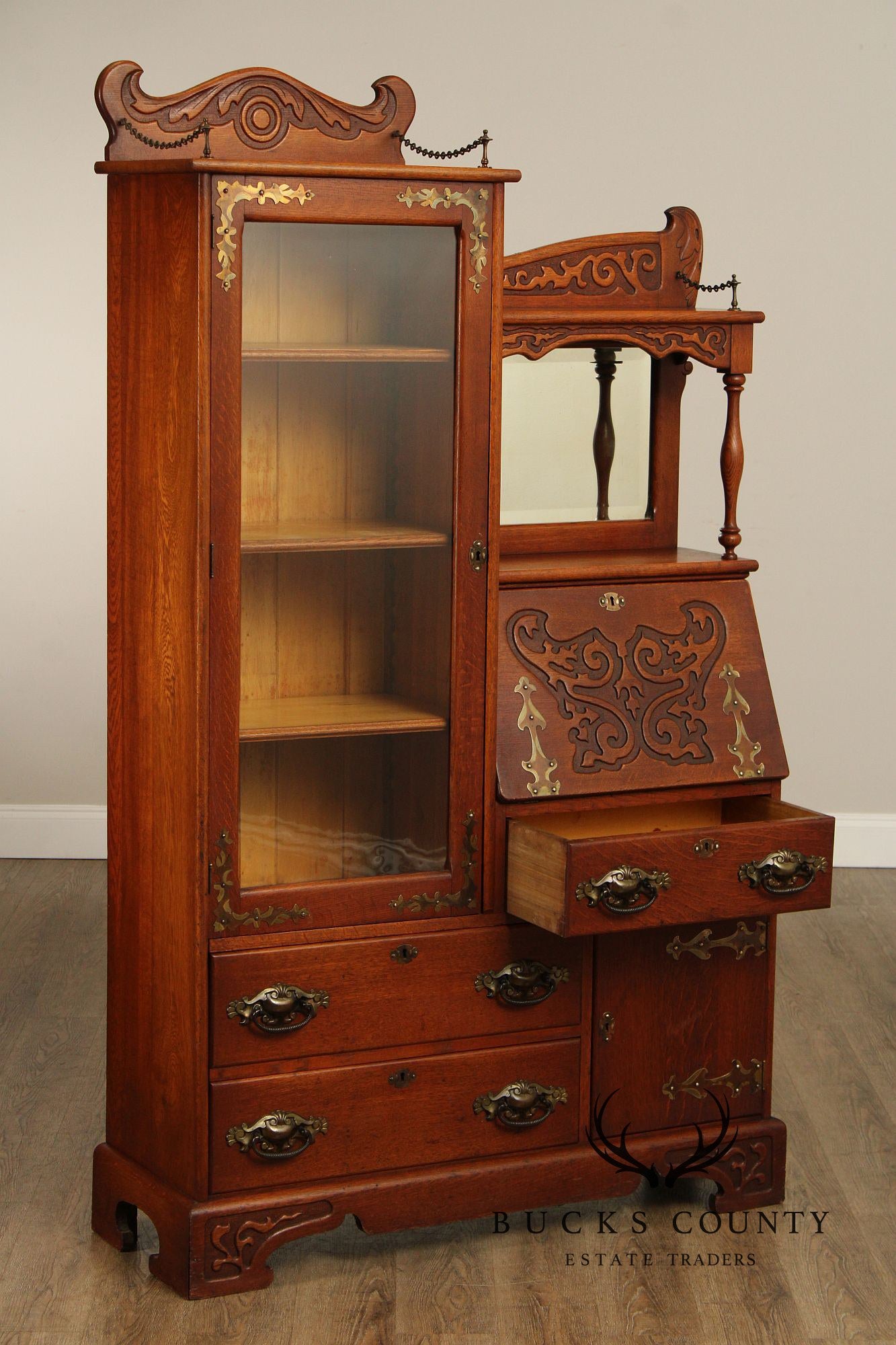 Antique Victorian Carved Oak Side-by-Side Secretary Desk Bookcase