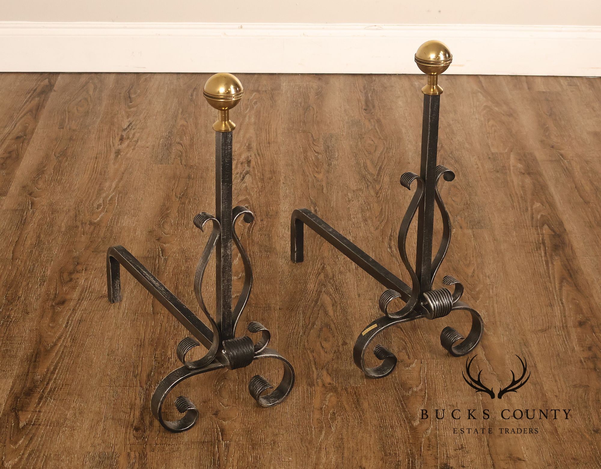 Pair of Italian Wrought Iron And Brass Fireplace Andirons