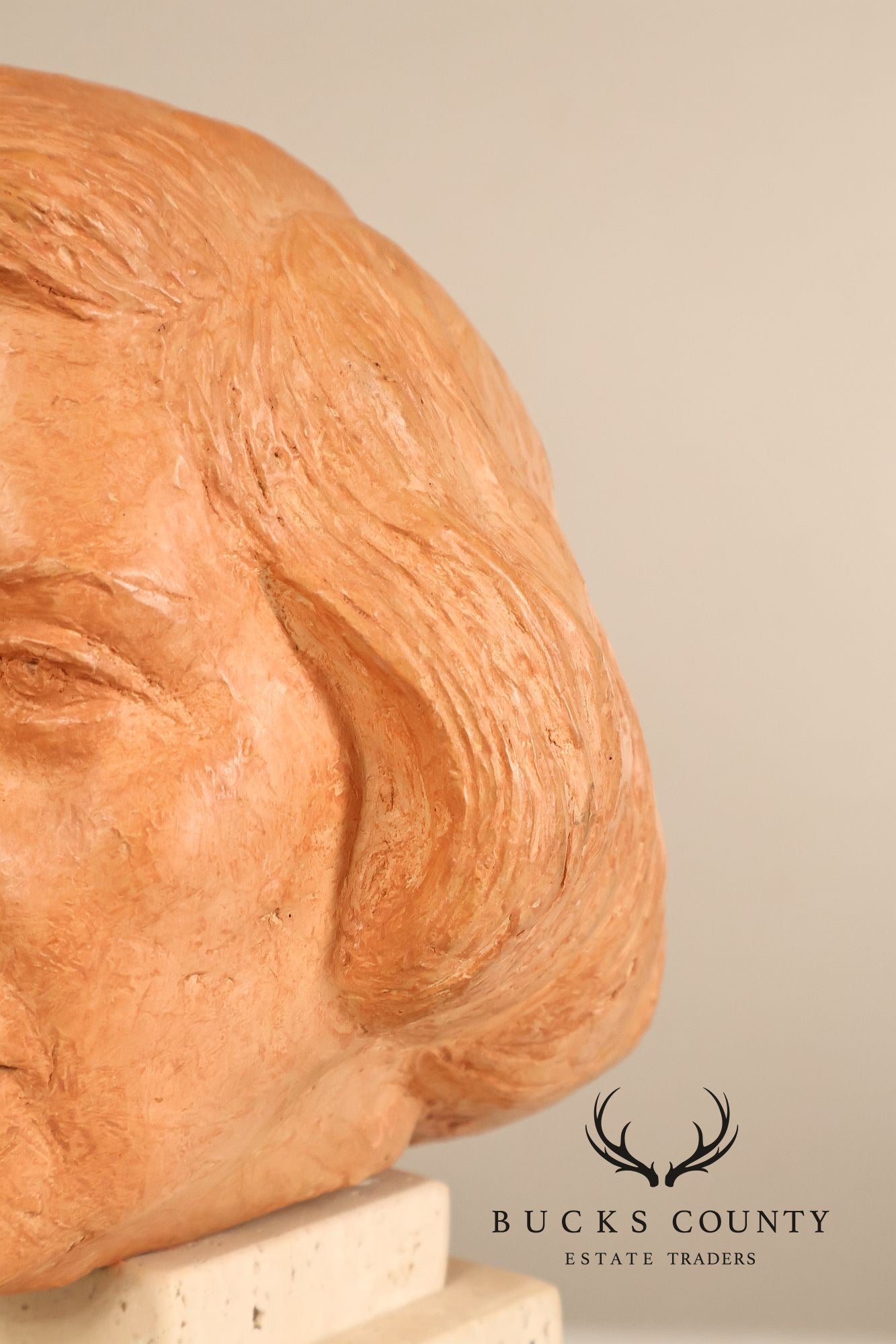 Contemporary Terracotta Female Portrait Bust Sculpture On Travertine Pedestal Base