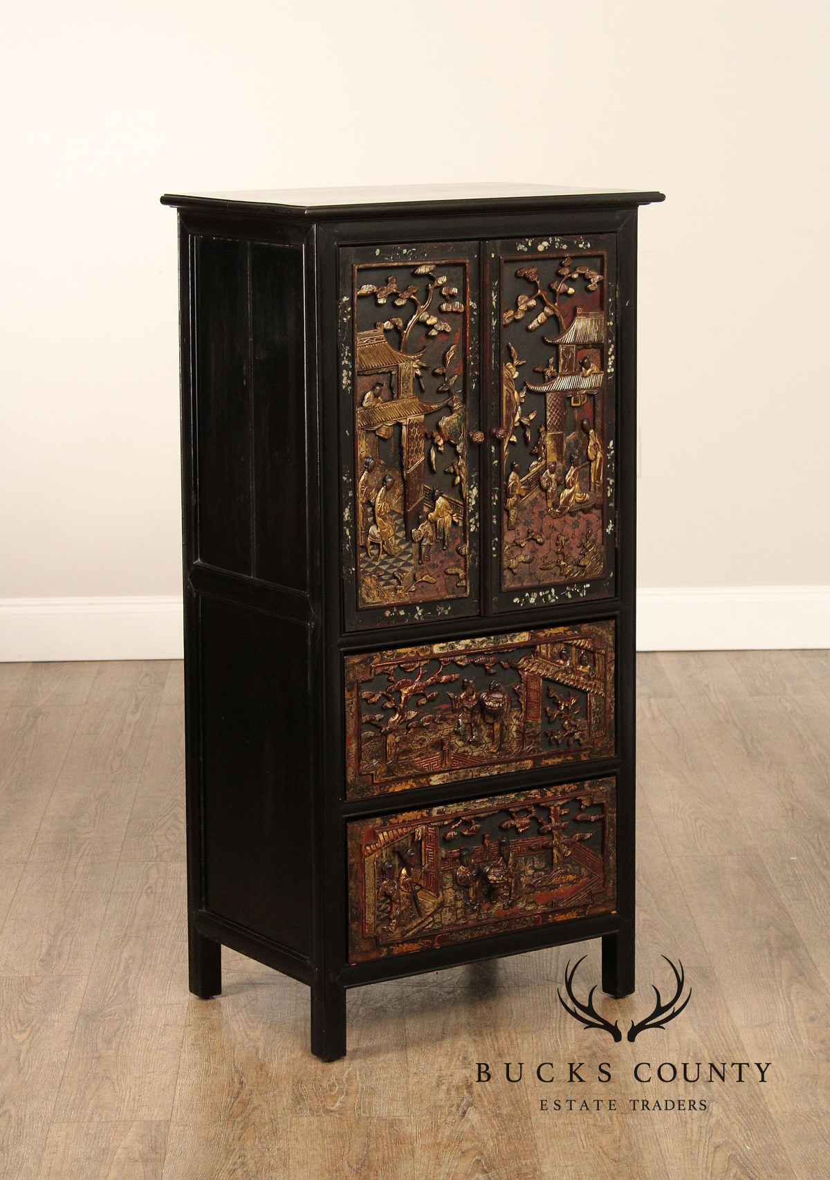 Chinese Export Style Carved Lacquer Cabinet