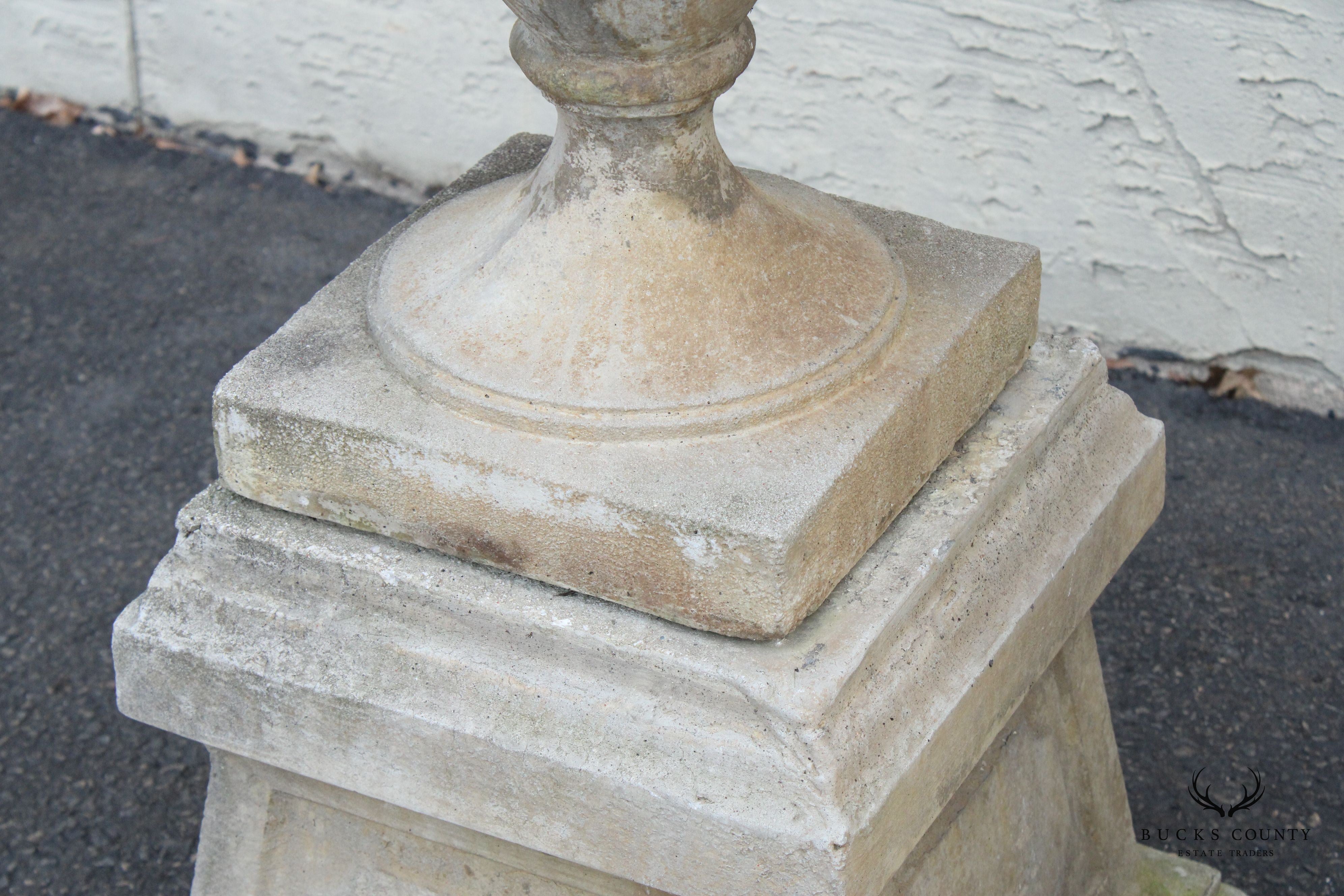 Pair Of Neoclassical Style Cast Stone Garden Urns On Pedestals