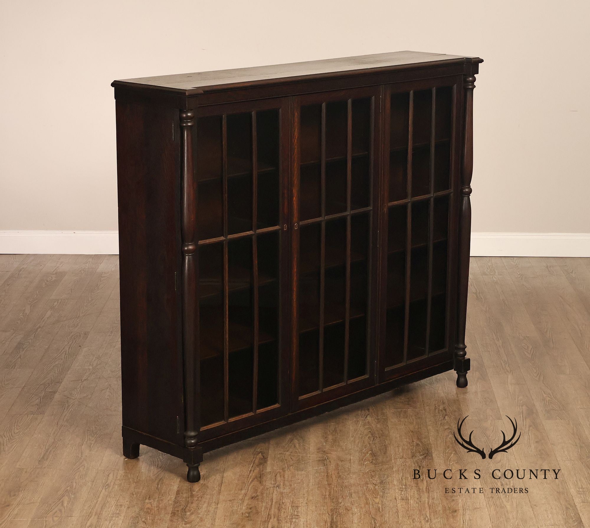 Antique Carved Oak Glass Door Triple Bookcase