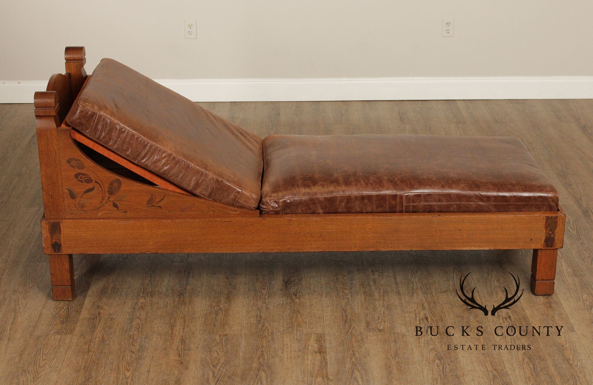 Early Stickley Brothers Inlaid Oak and Leather Daybed