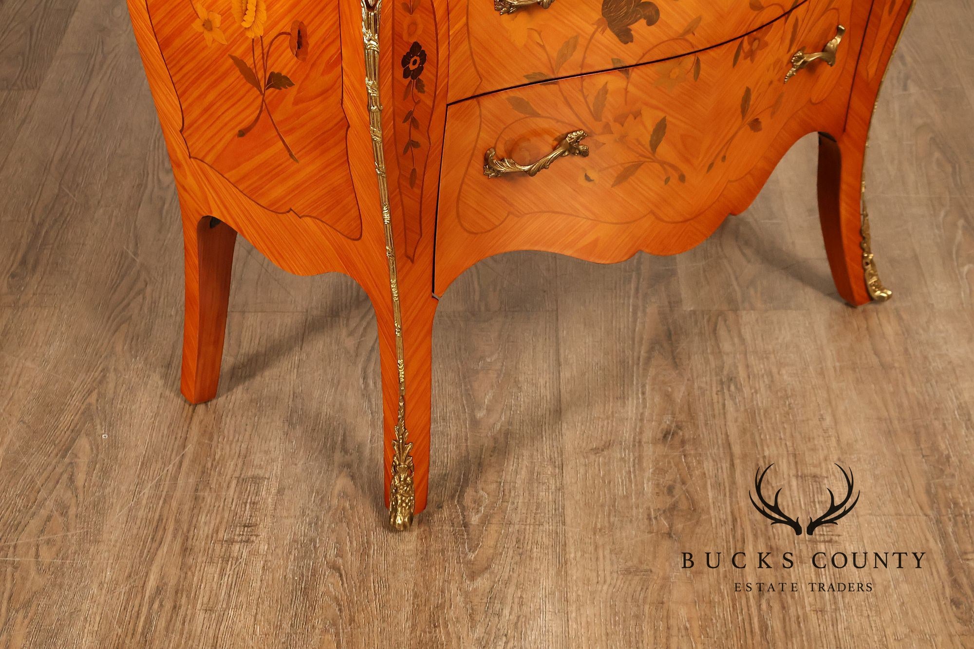 Italian Louis XV Style Marquetry Inlaid Marble Top Bombe Chest Commode