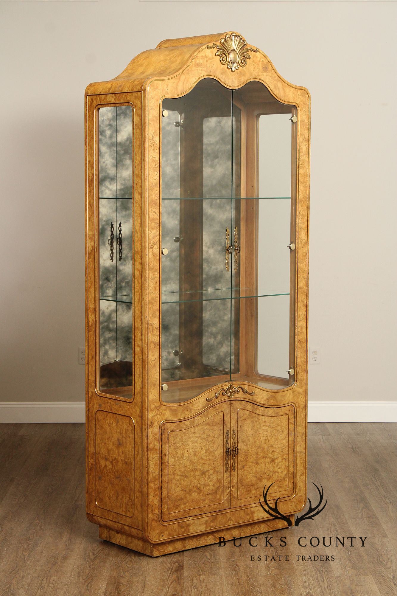 Mastercraft French Style Pair Of Burl Wood Display Cabinets