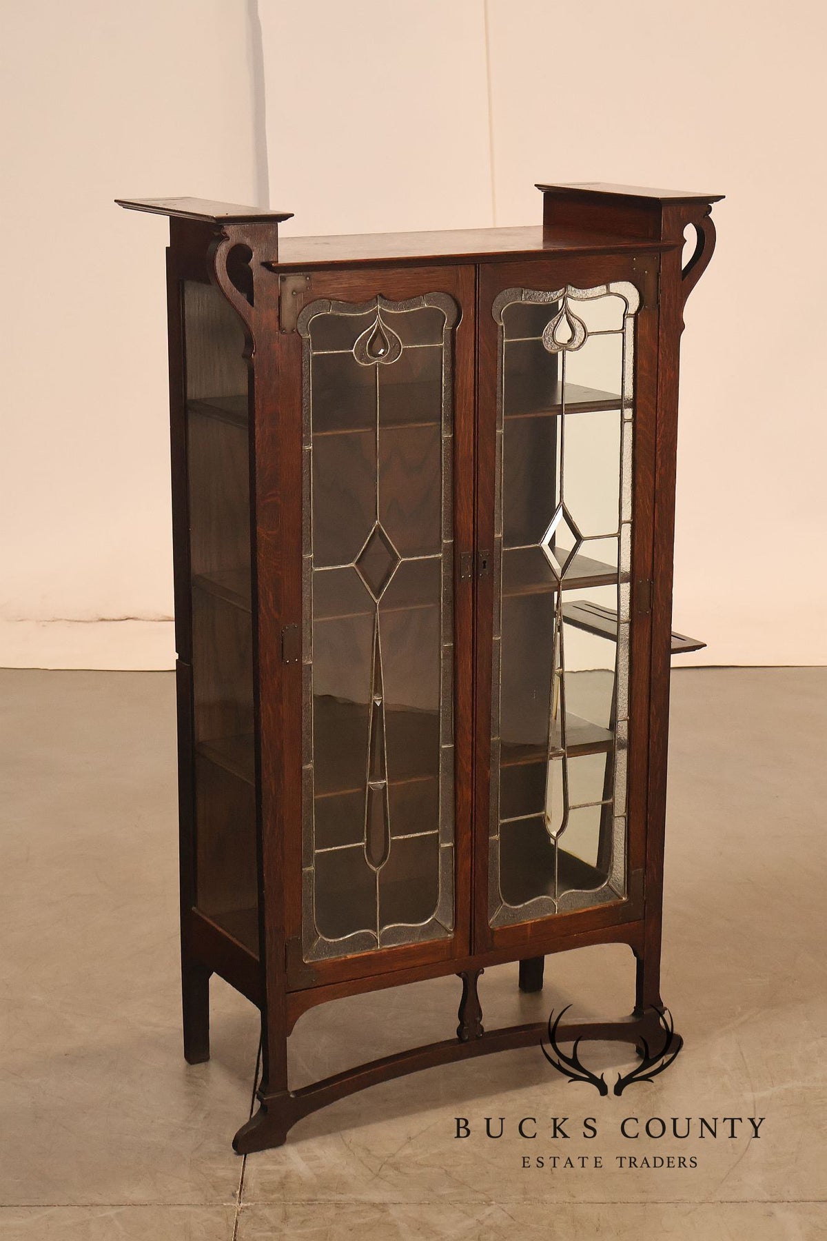 Antique Art Nouveau Leaded Glass Curio Cabinet