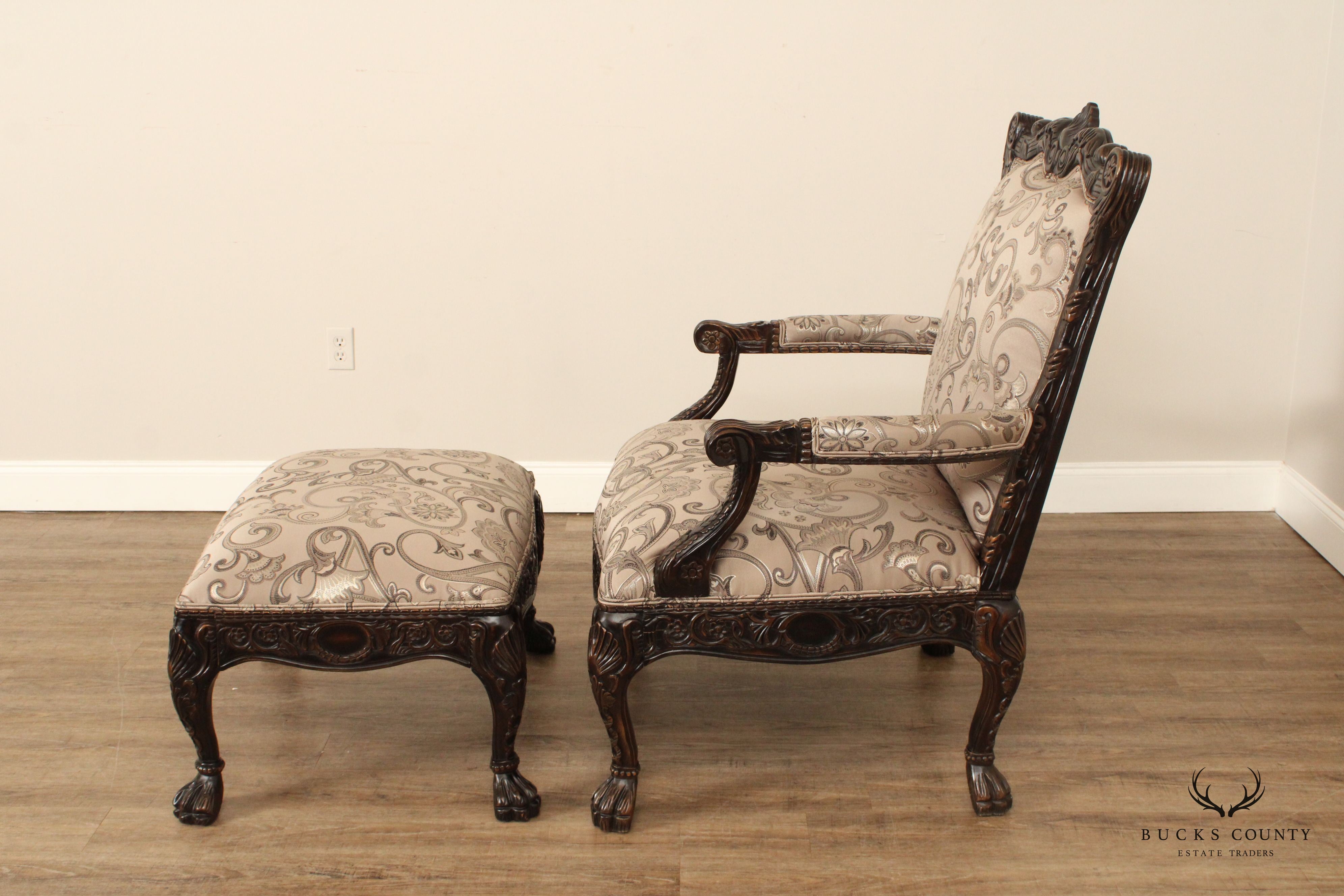 Modern Georgian Style Wide Seat Pair Of Carved Frame Custom Upholstered Armchairs With Ottoman