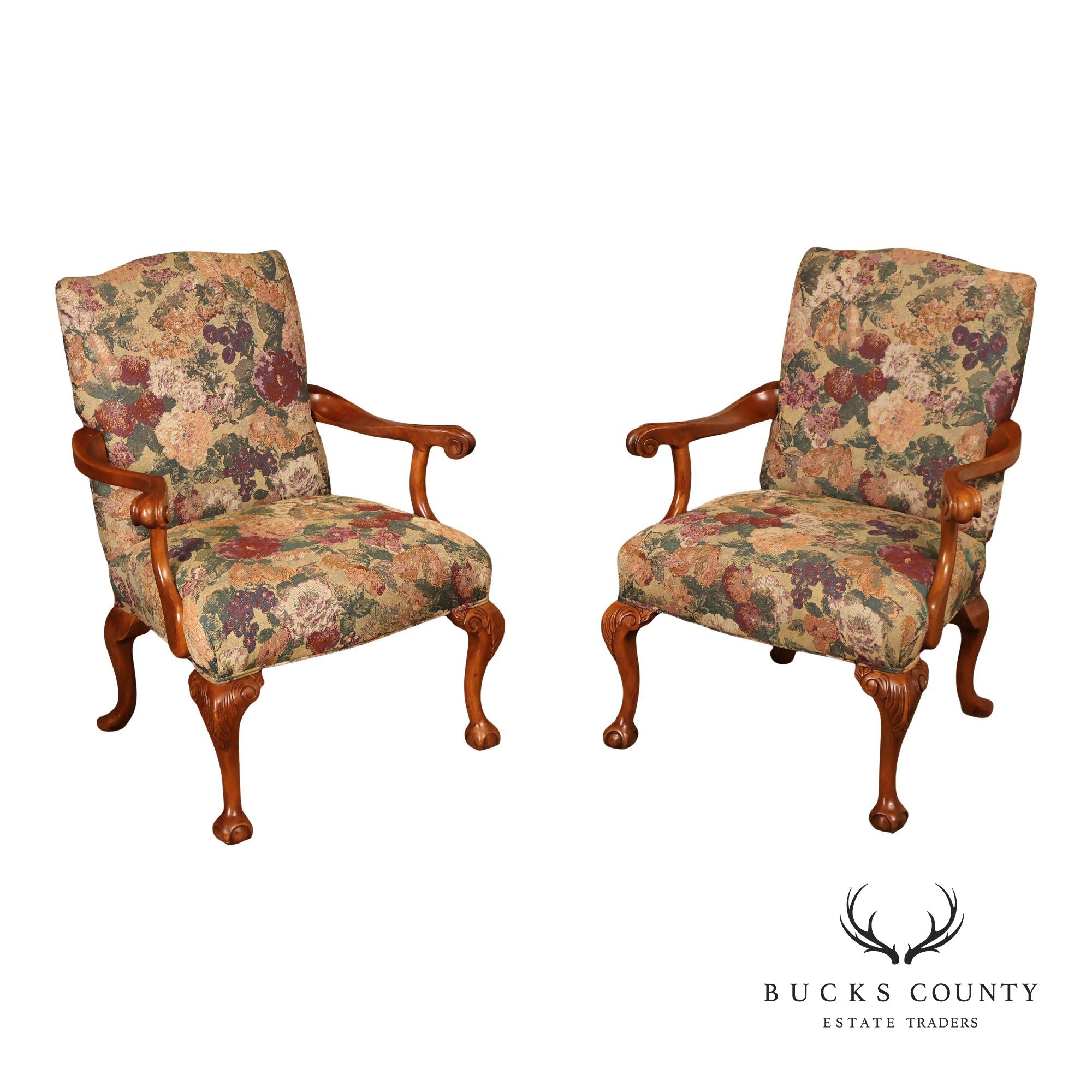 Chippendale Style Pair of Carved Frame Library Armchairs