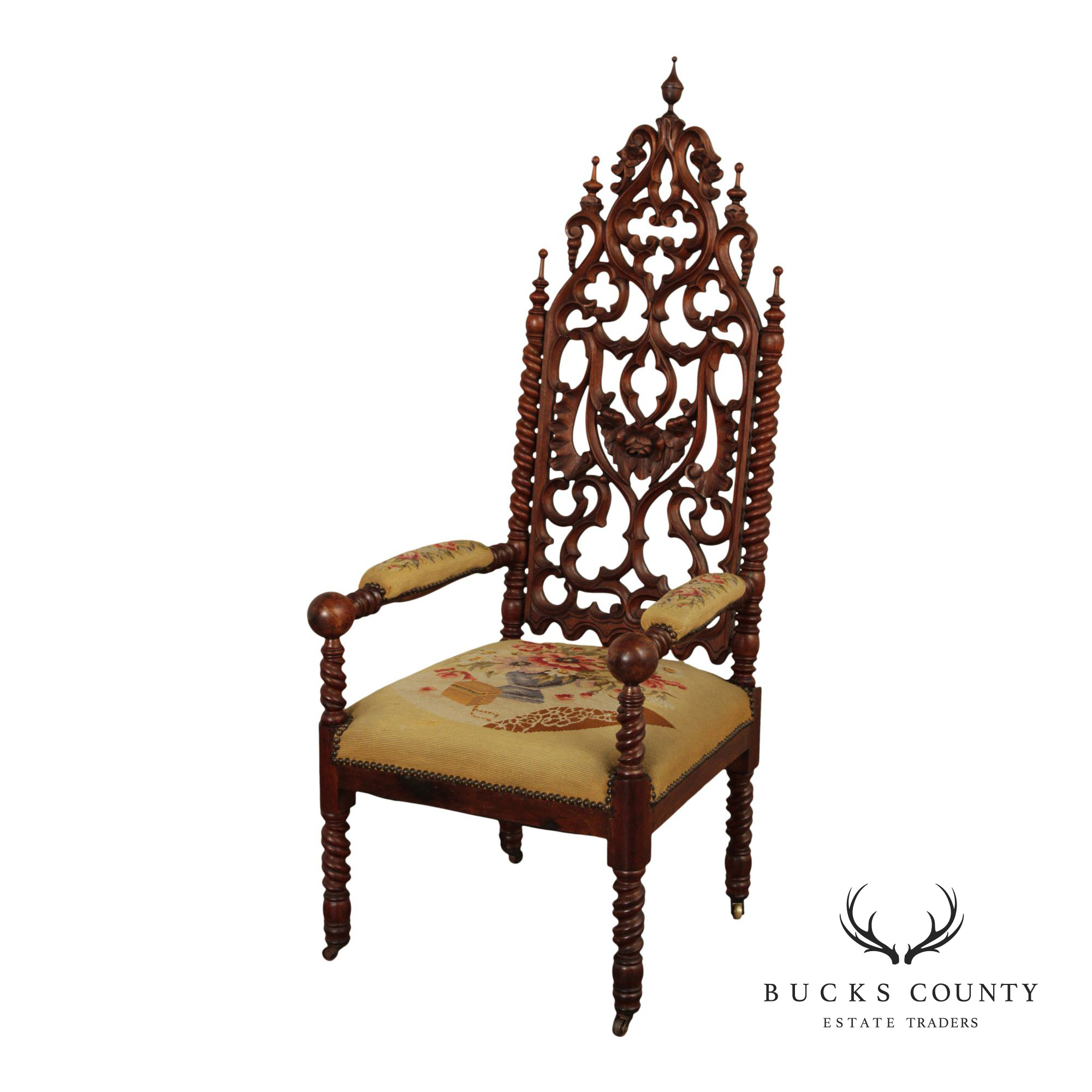 Antique American Gothic Revival Carved Walnut Throne Chair