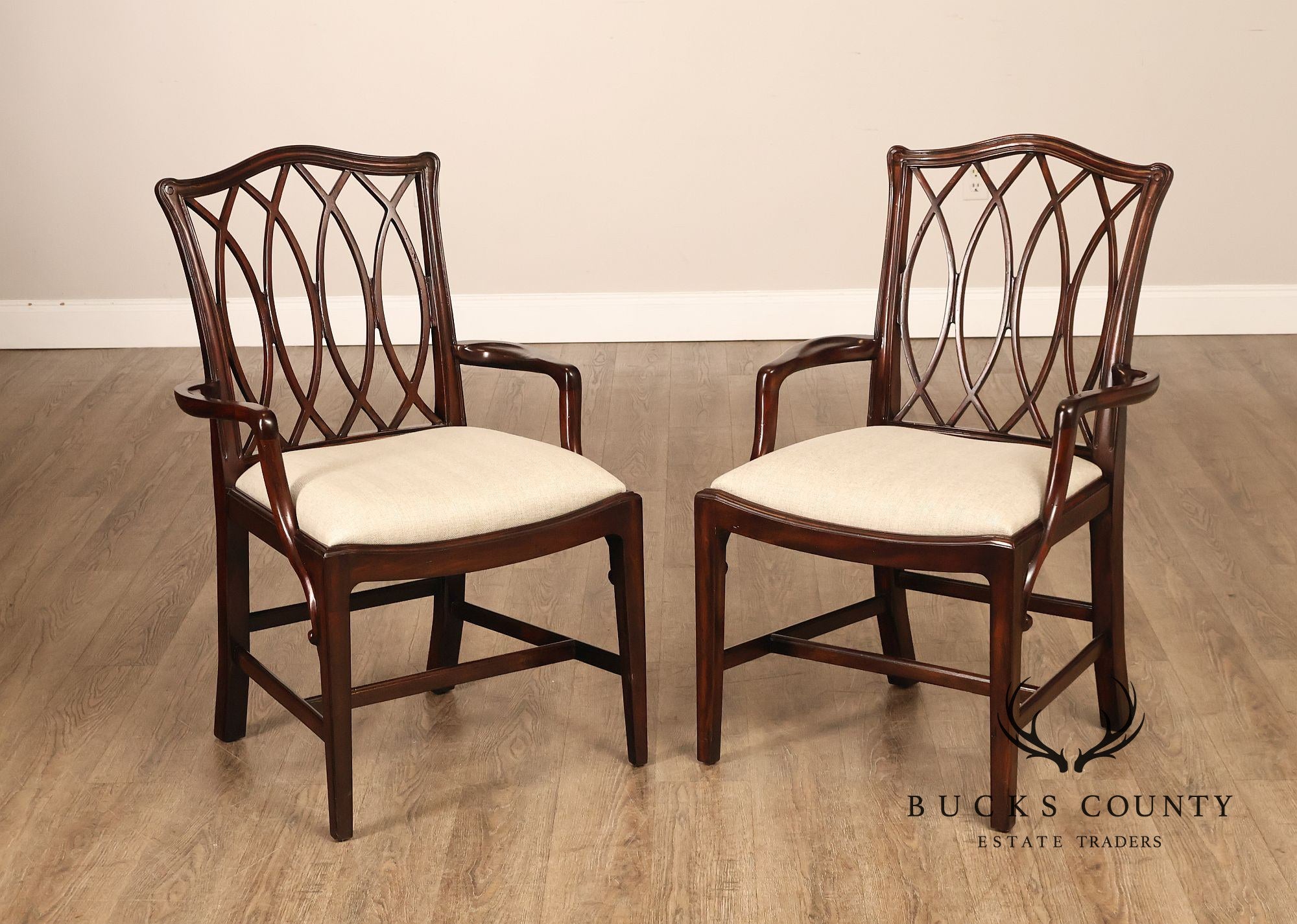 Theodore Alexander Pair Of Trellis Mahogany Dining Armchairs
