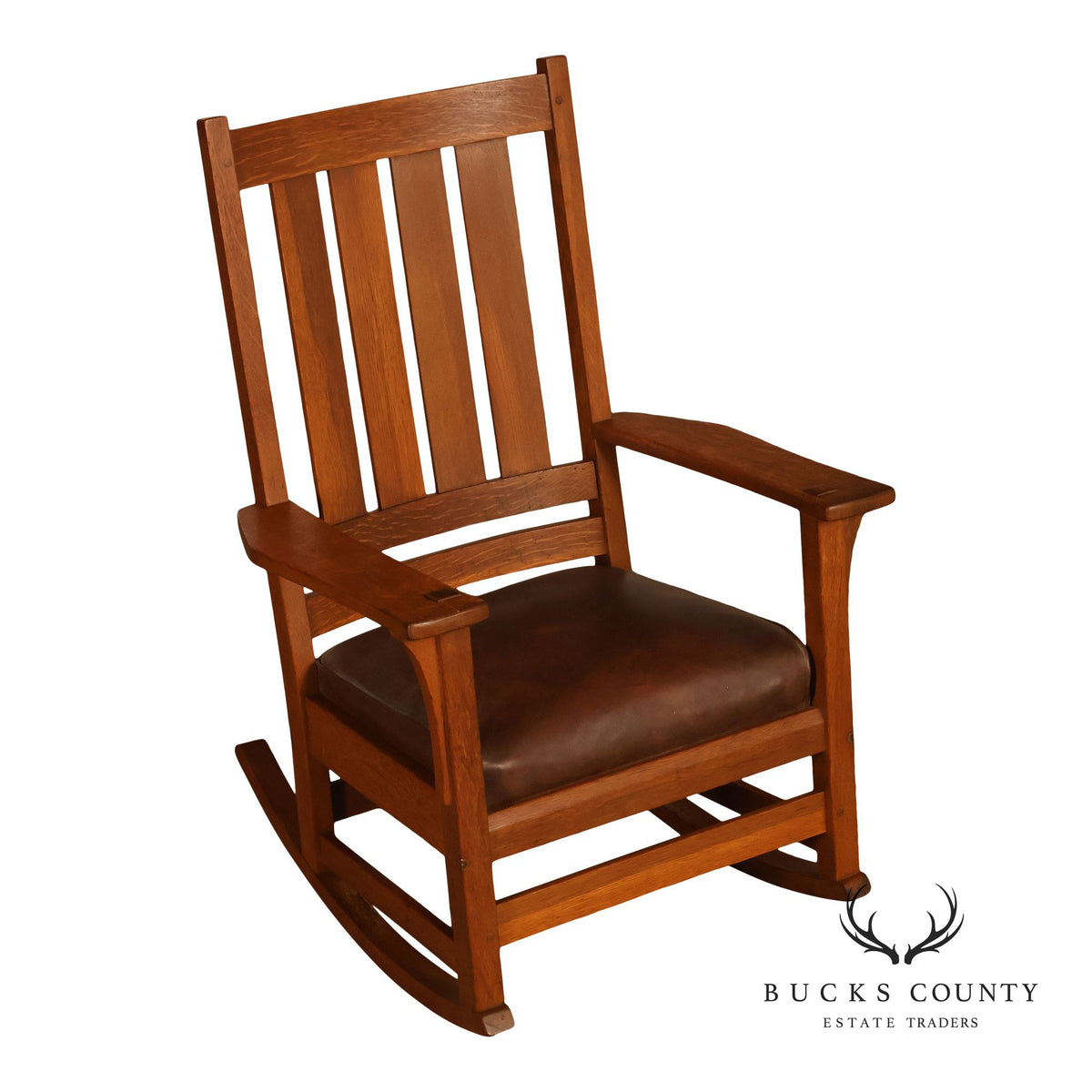 Antique L. & J.G. Stickley Mission Oak Slat Back Rocking Chair