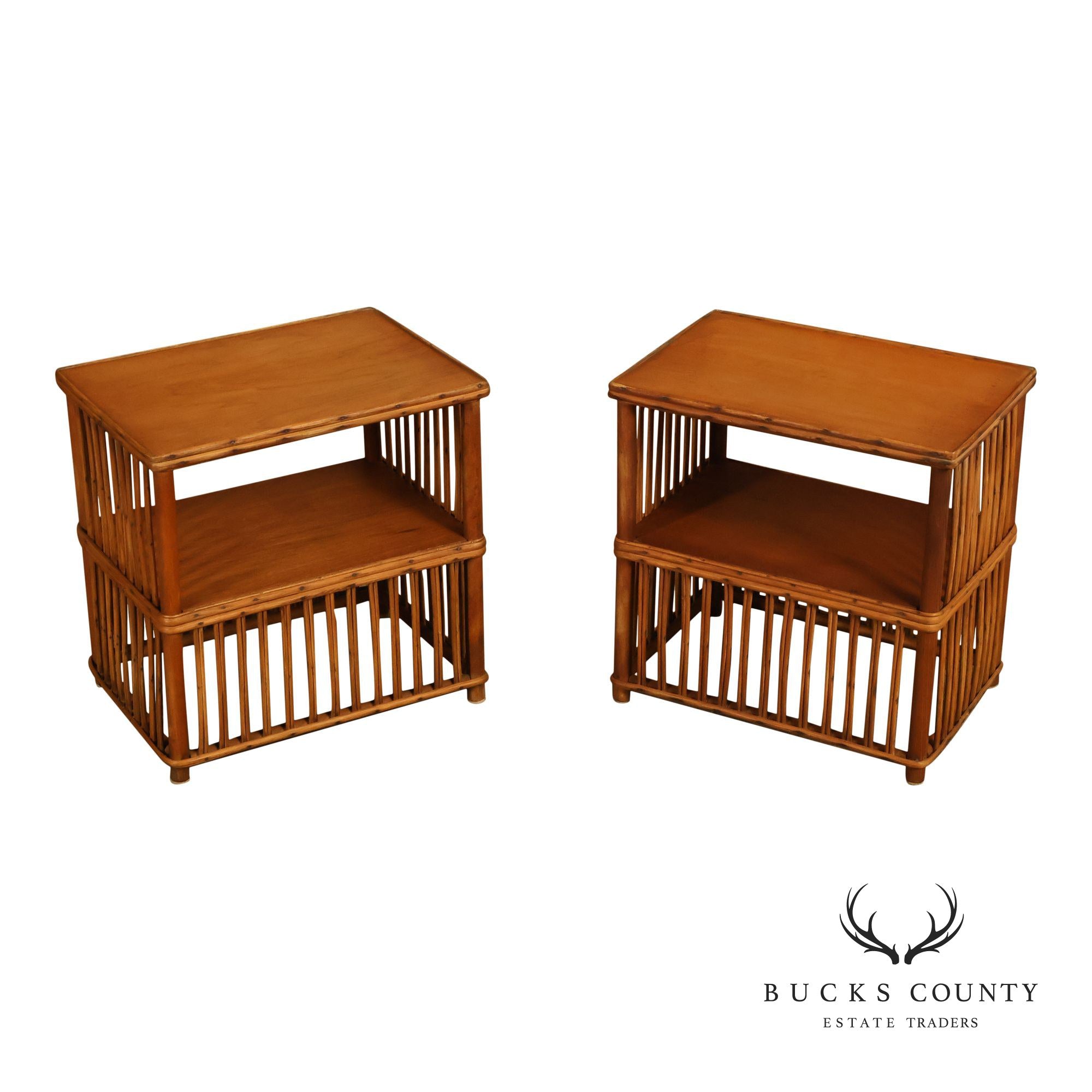 Antique Split Reed Rattan Pair of Side Tables