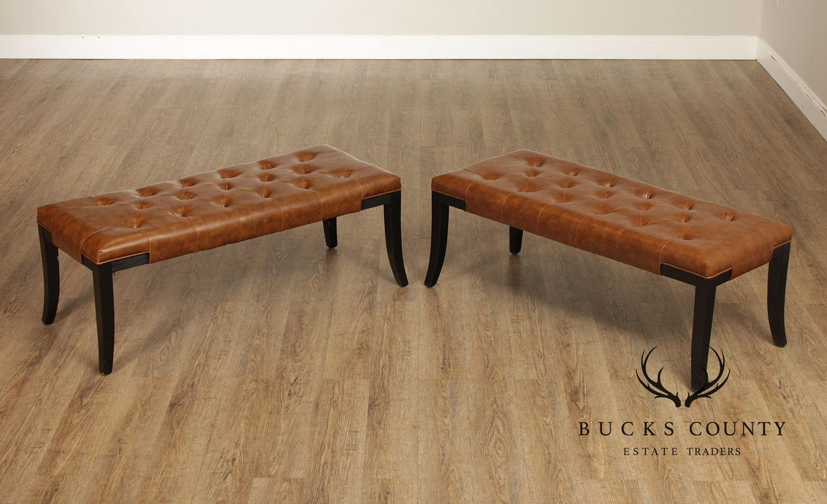 Pair Of Safavieh Tufted Brown Leather Benches