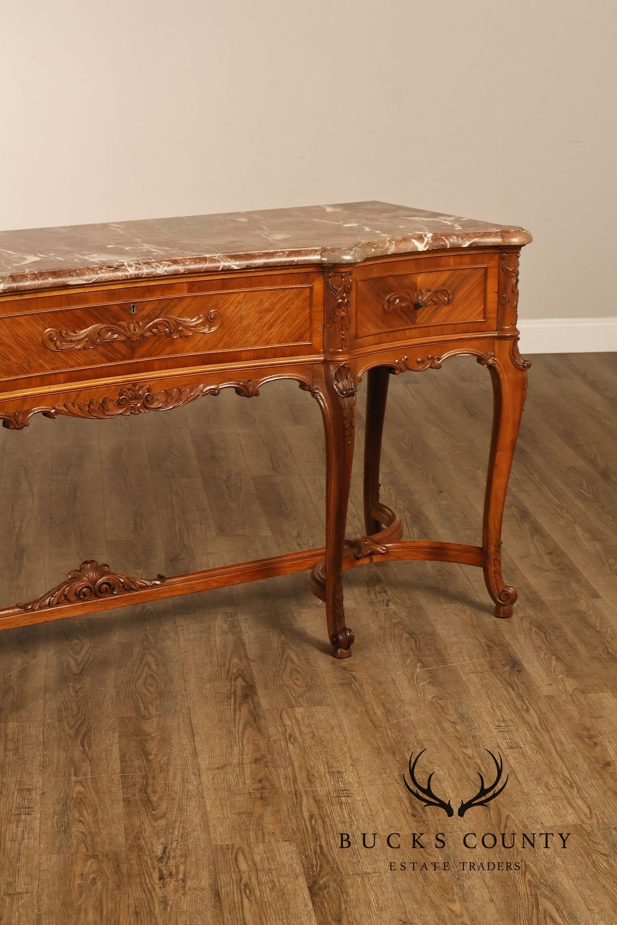 Antique French Louis XV Style Carved Walnut Marble Top Sideboard
